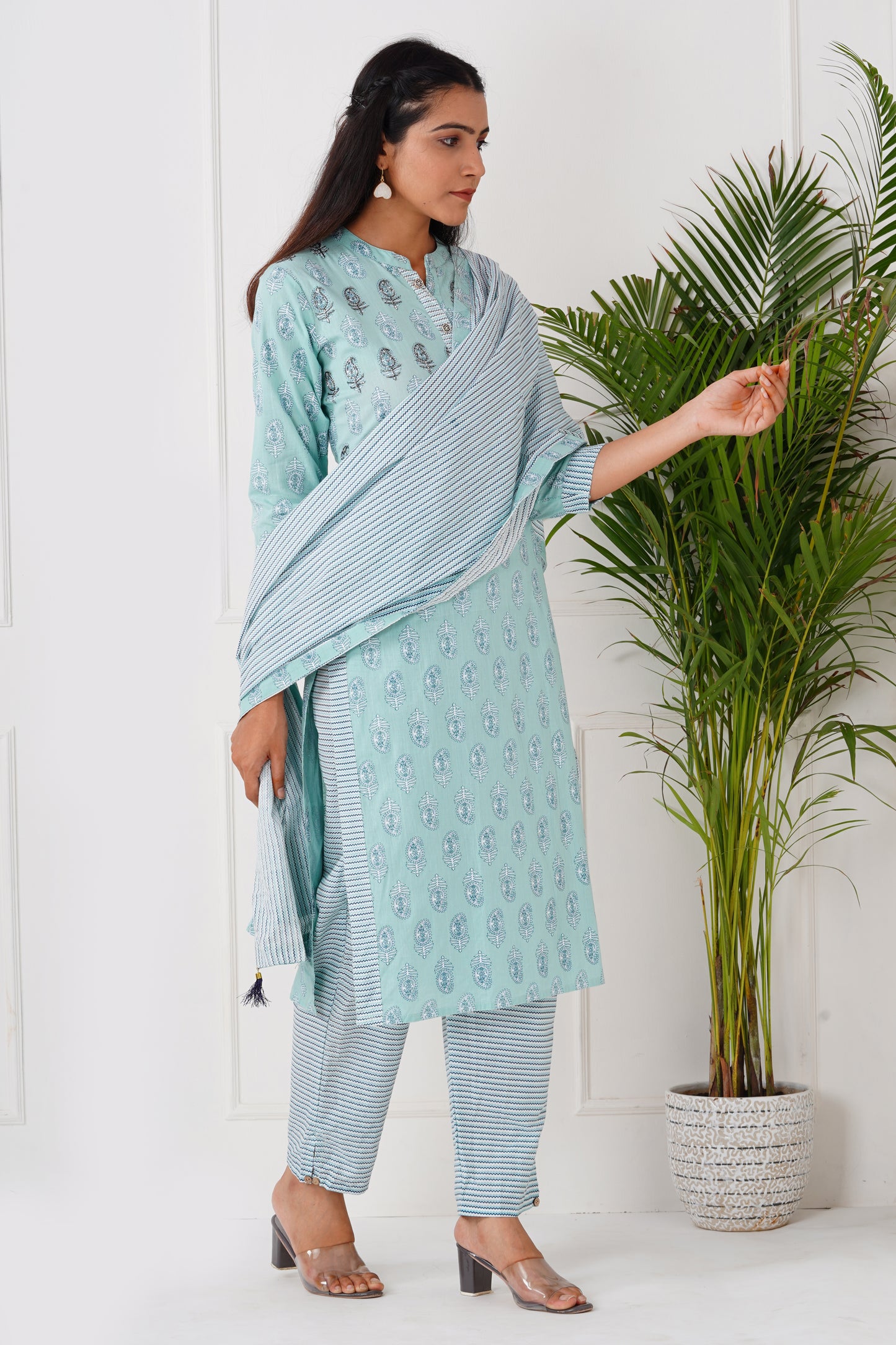 Sky Blue Handblock Suit set with Dupatta