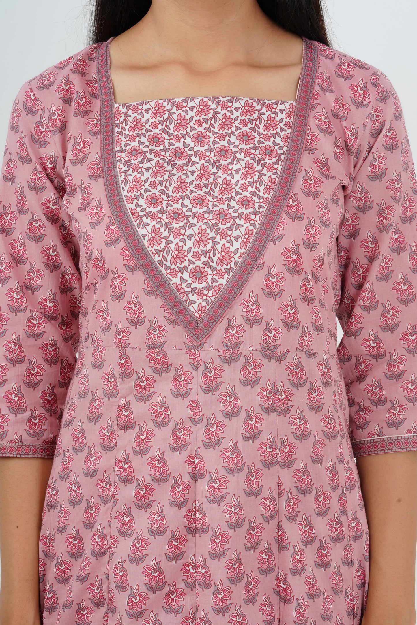 Pink Handblock Kali kurta pant With Dupatta
