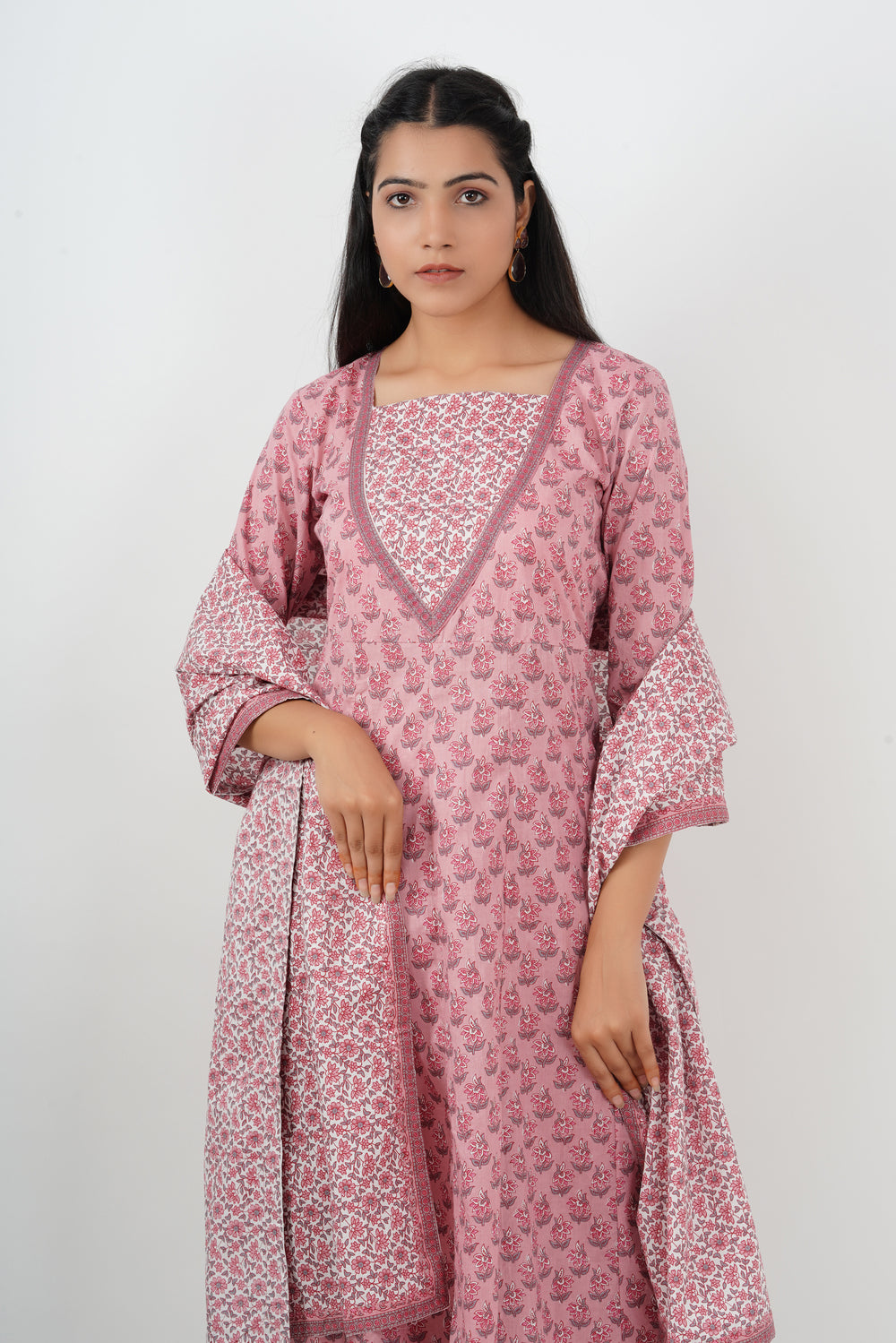 Pink Handblock Kali kurta pant With Dupatta