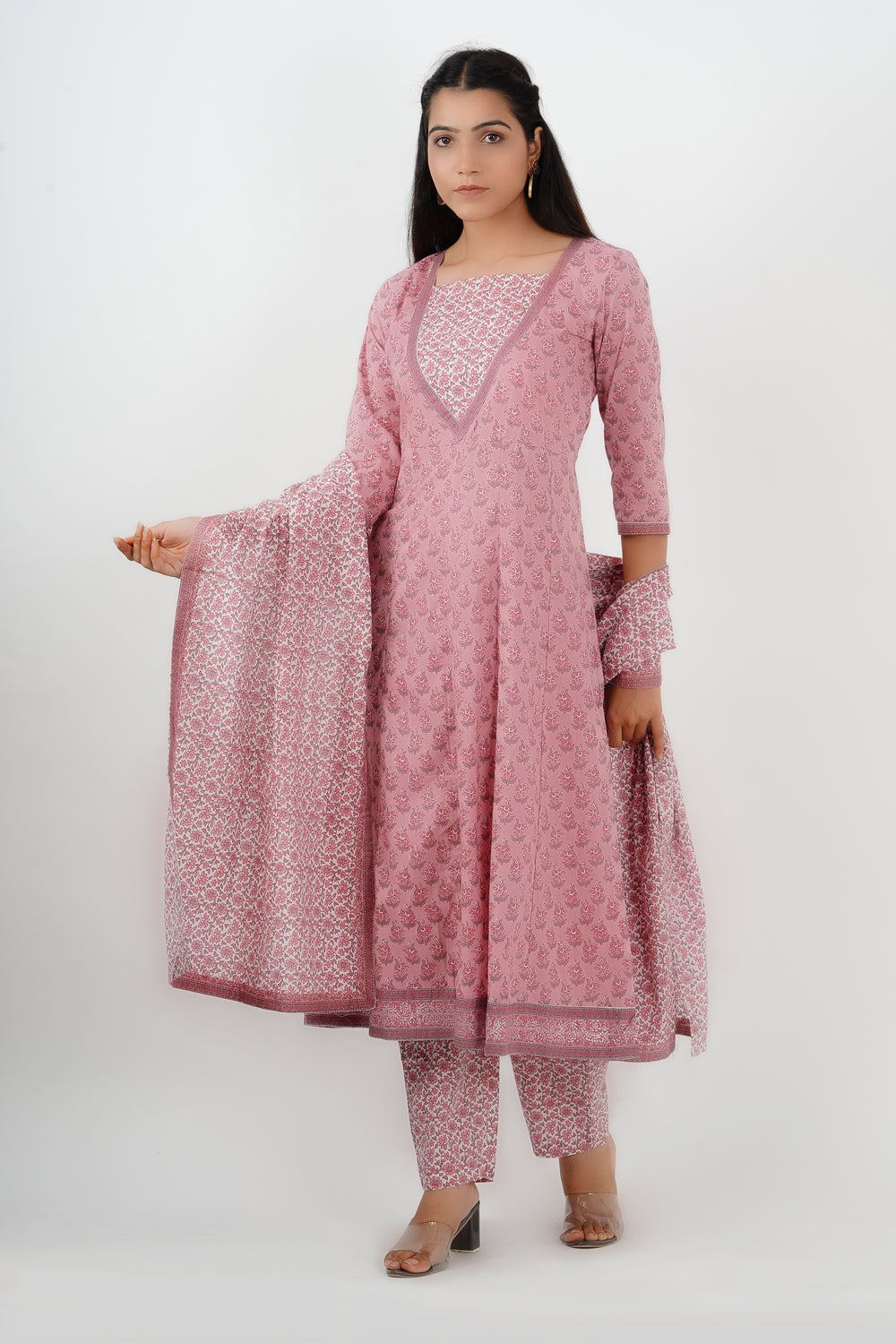 Pink Handblock Kali kurta pant With Dupatta