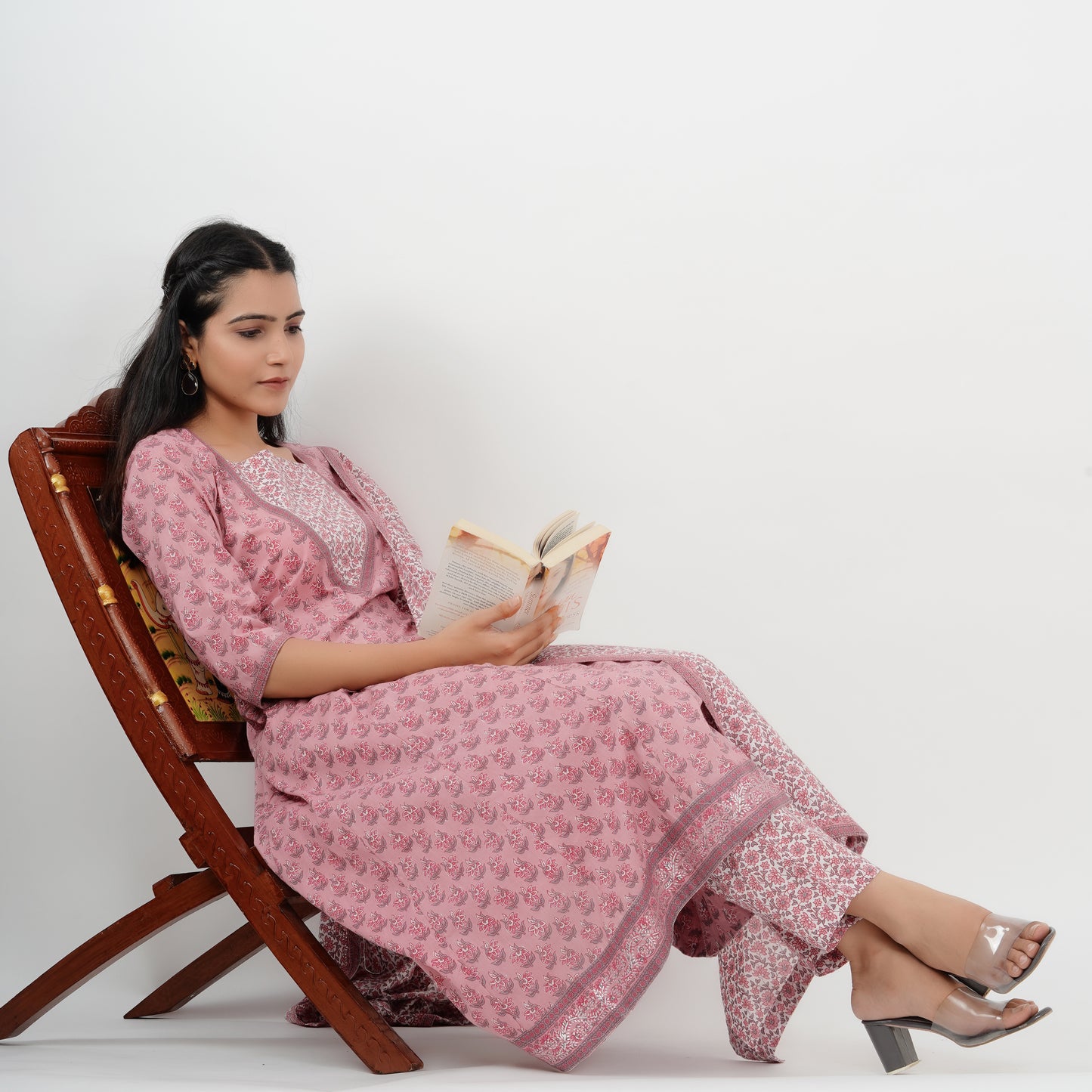 Pink Handblock Kali kurta pant With Dupatta