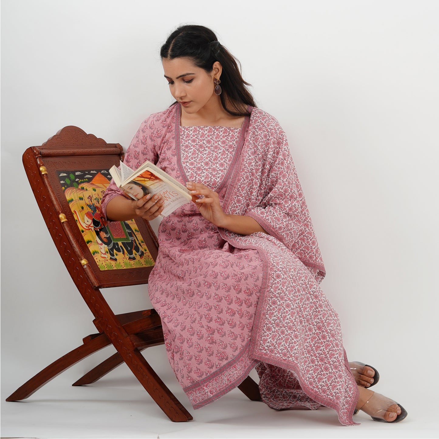 Pink Handblock Kali kurta pant With Dupatta
