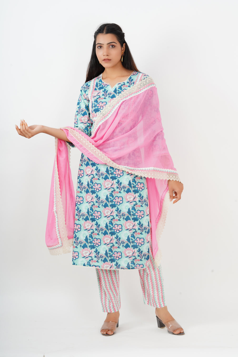 Floral Crocia Detailing Suit set with Dupatta