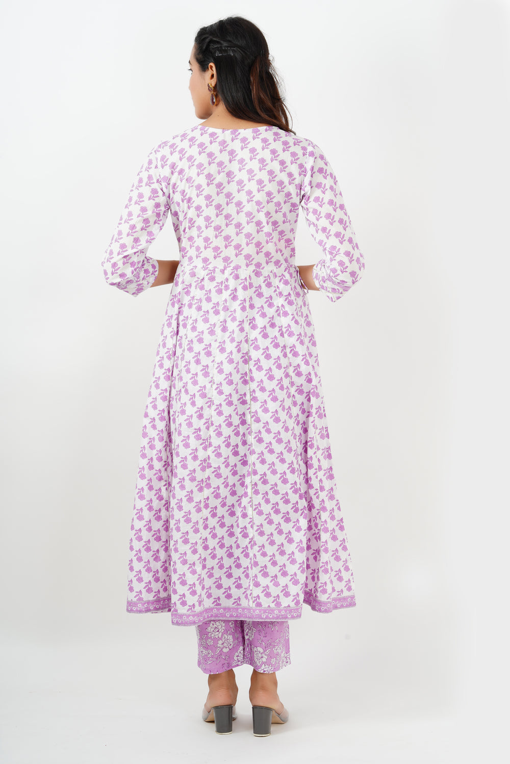 White and Lavender Cotton Anarkali Suit set with Dupatta