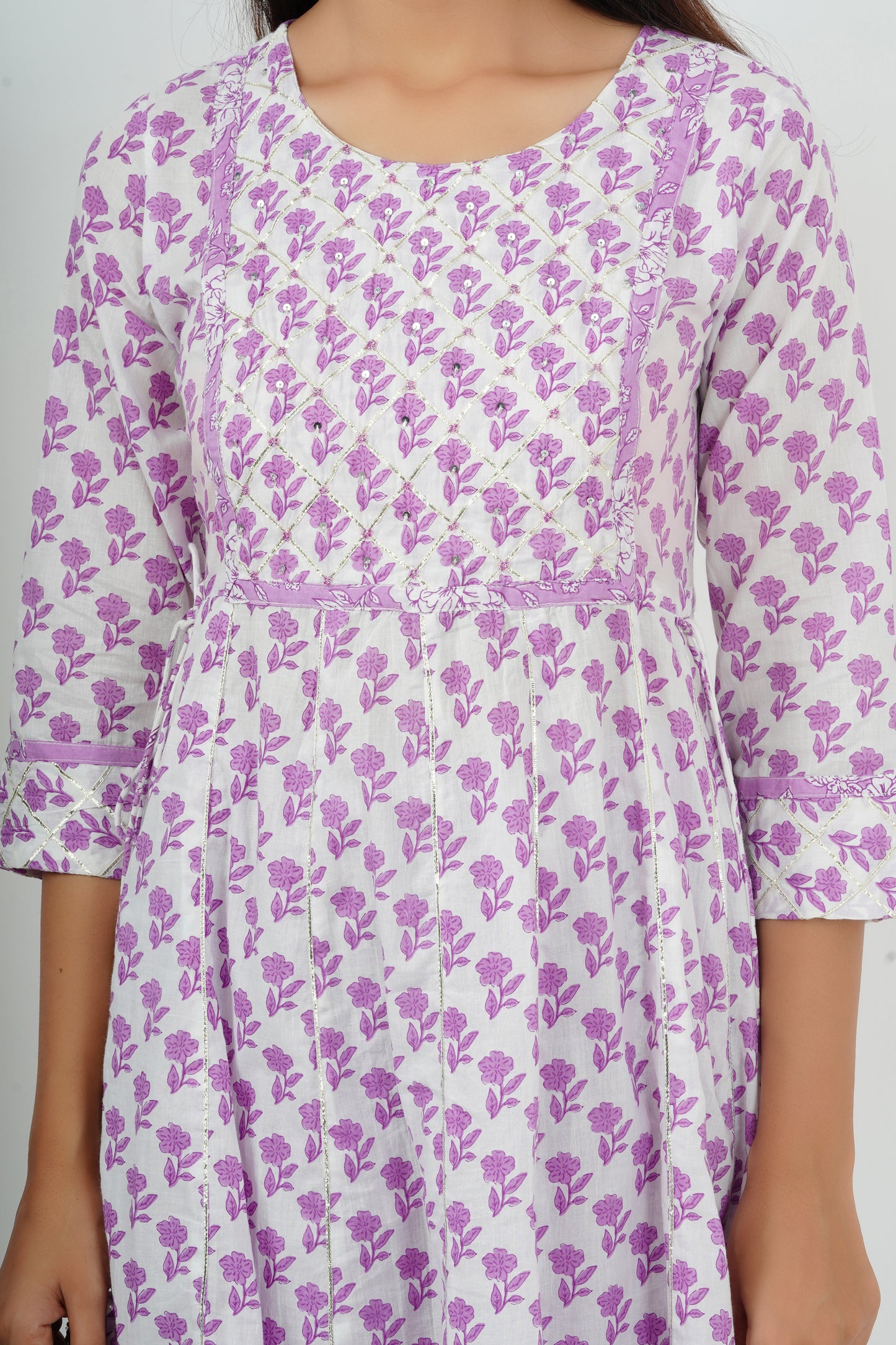 White and Lavender Cotton Anarkali Suit set with Dupatta