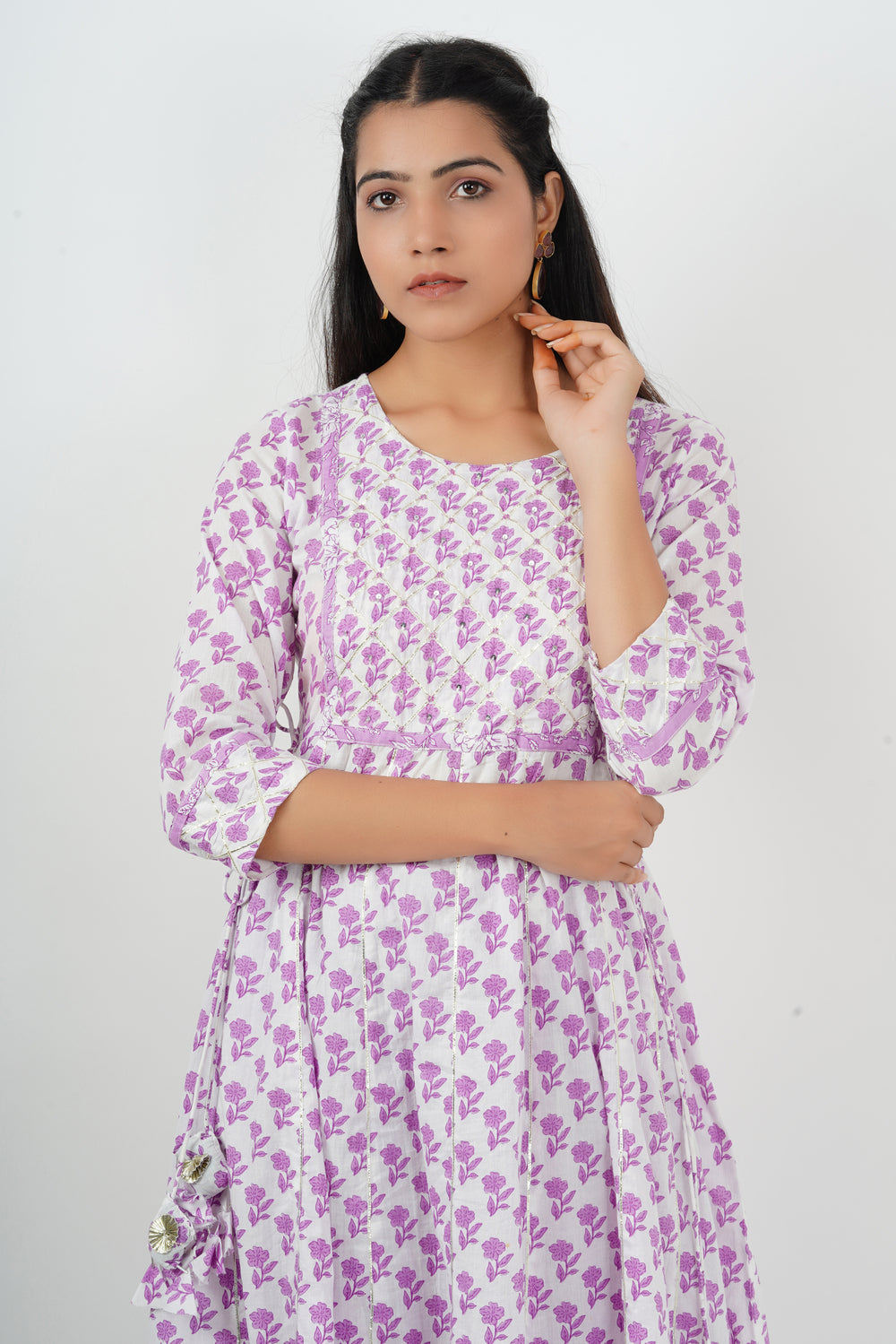 White and Lavender Cotton Anarkali Suit set with Dupatta