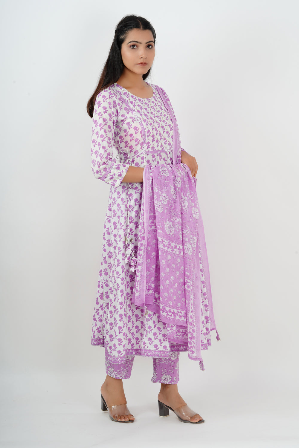 White and Lavender Cotton Anarkali Suit set with Dupatta