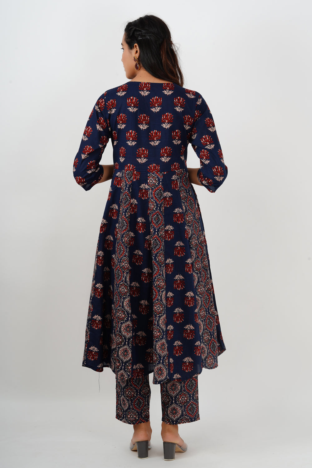 Maroon and Navy Blue Cotton Anarkali Suit set with Dupatta