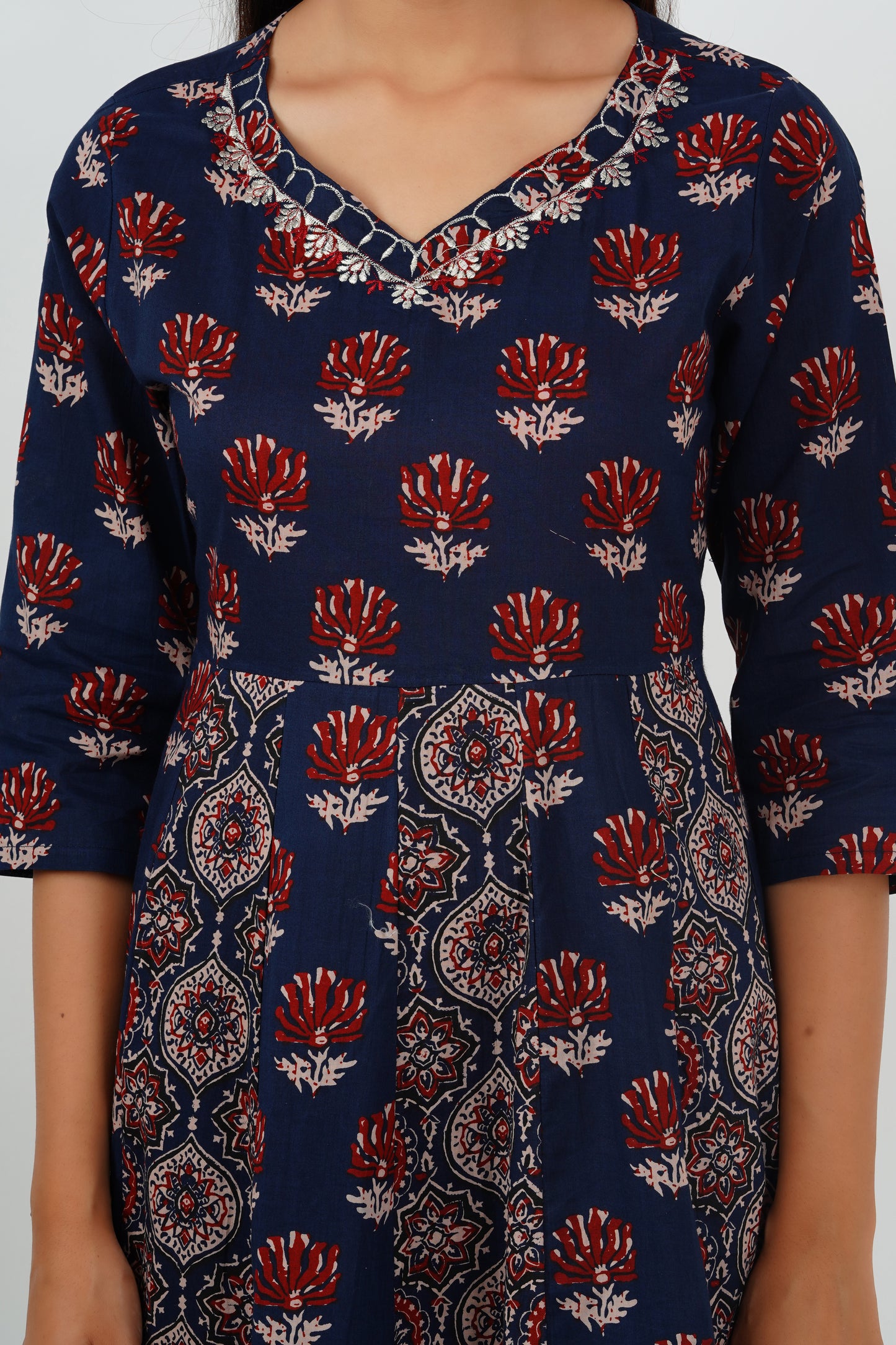 Maroon and Navy Blue Cotton Anarkali Suit set with Dupatta