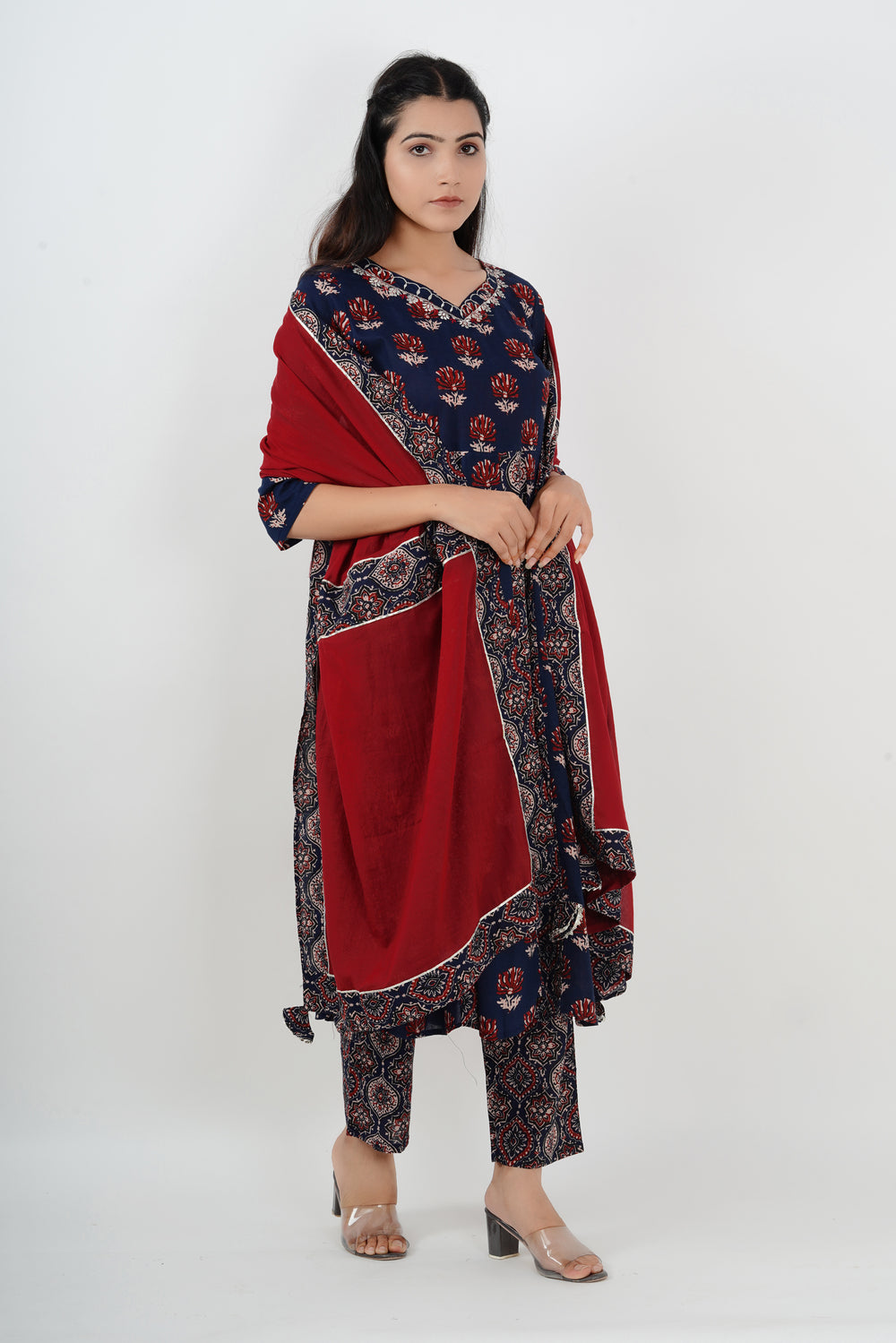 Maroon and Navy Blue Cotton Anarkali Suit set with Dupatta