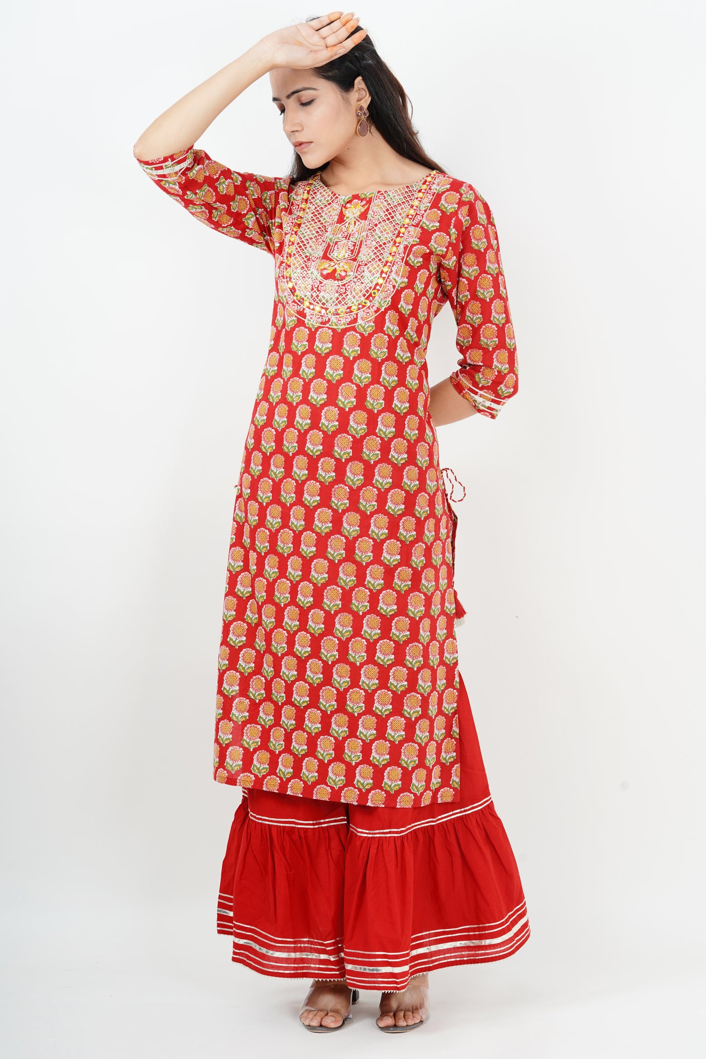 Red Handblock Kurta Paired with Sharara and Kota Doria Dupatta