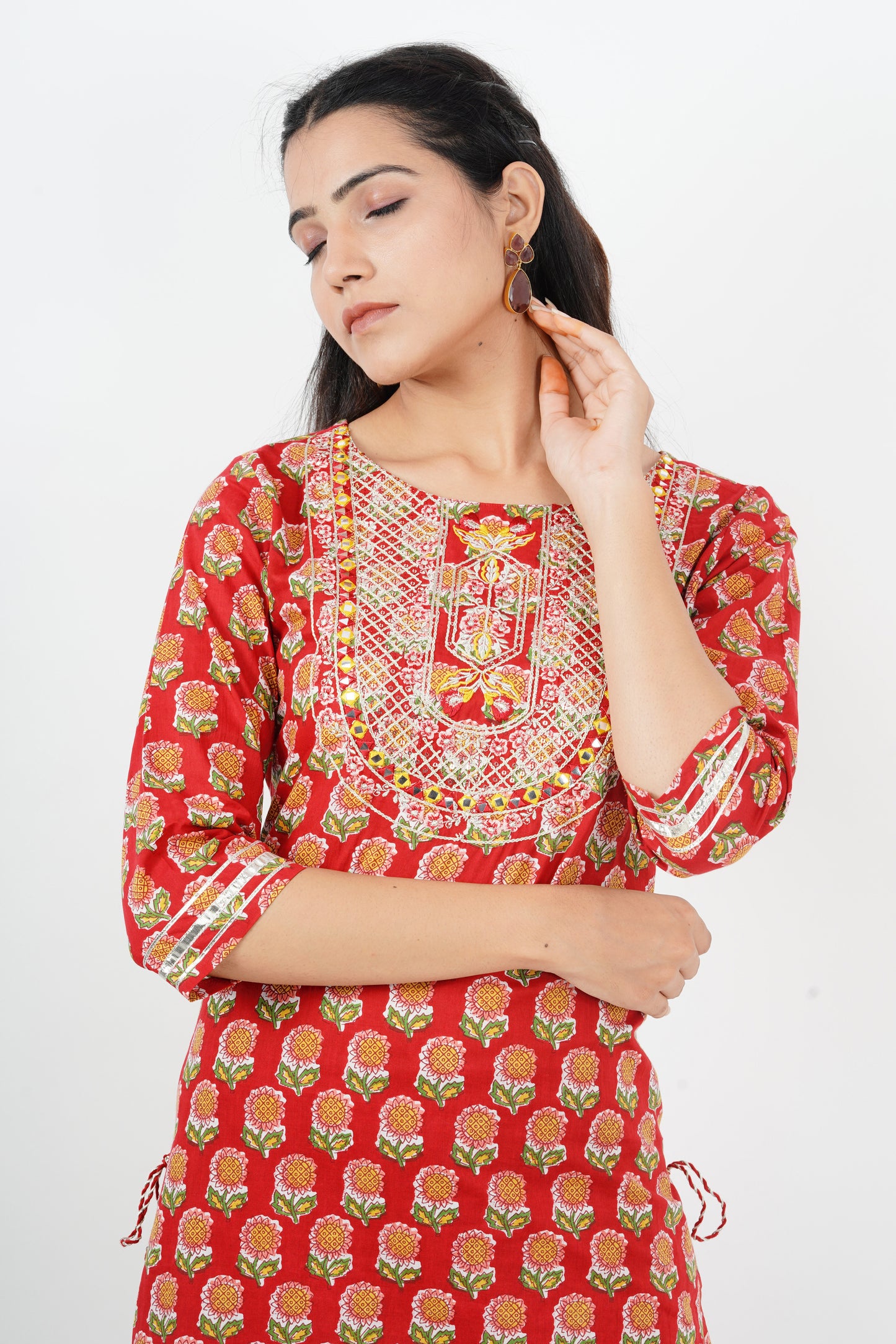 Red Handblock Kurta Paired with Sharara and Kota Doria Dupatta