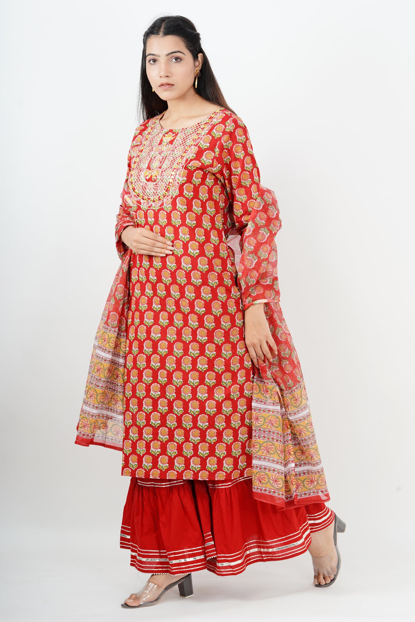 Red Handblock Kurta Paired with Sharara and Kota Doria Dupatta