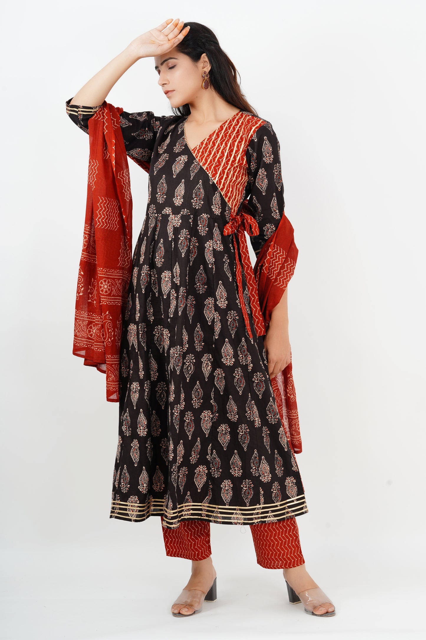 Angrakha Black and Red Anarkali Suit set with Dupatta