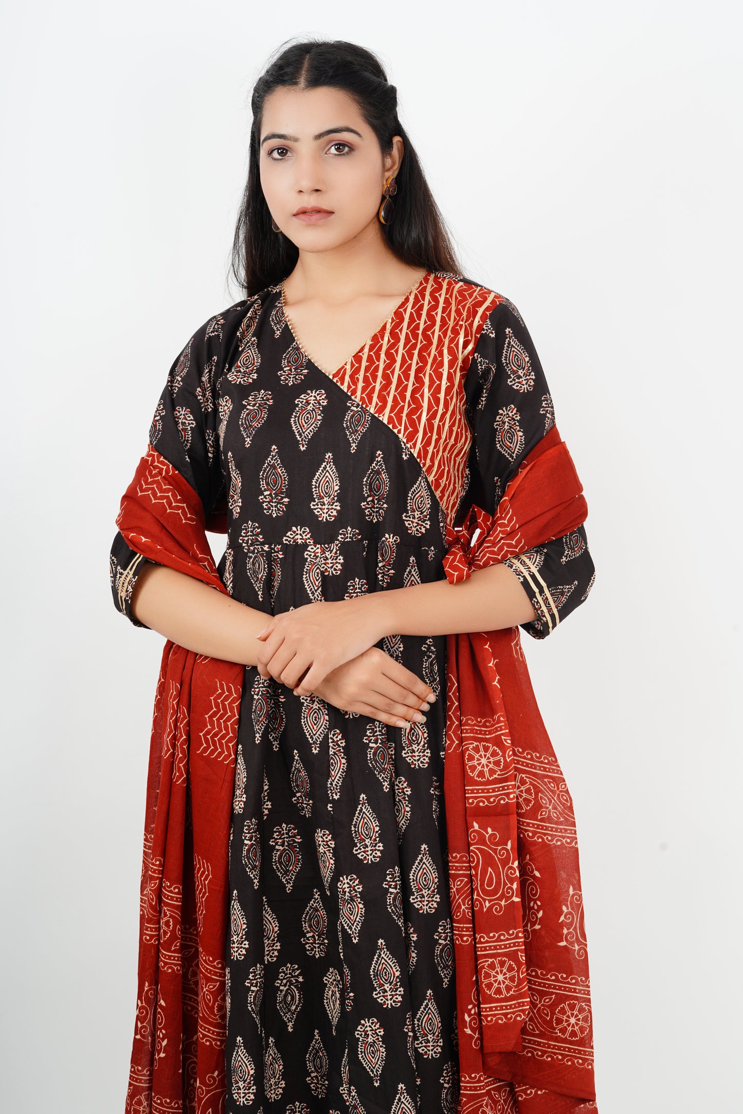 Angrakha Black and Red Anarkali Suit set with Dupatta