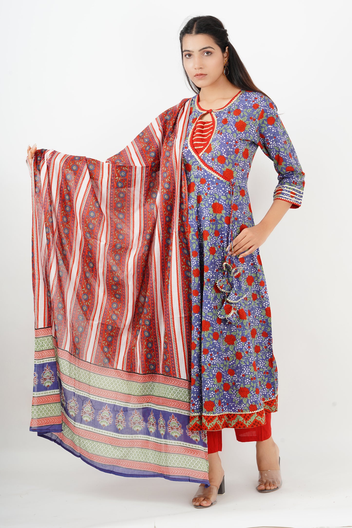 Blue and Red Anarkali Suit with Dupatta