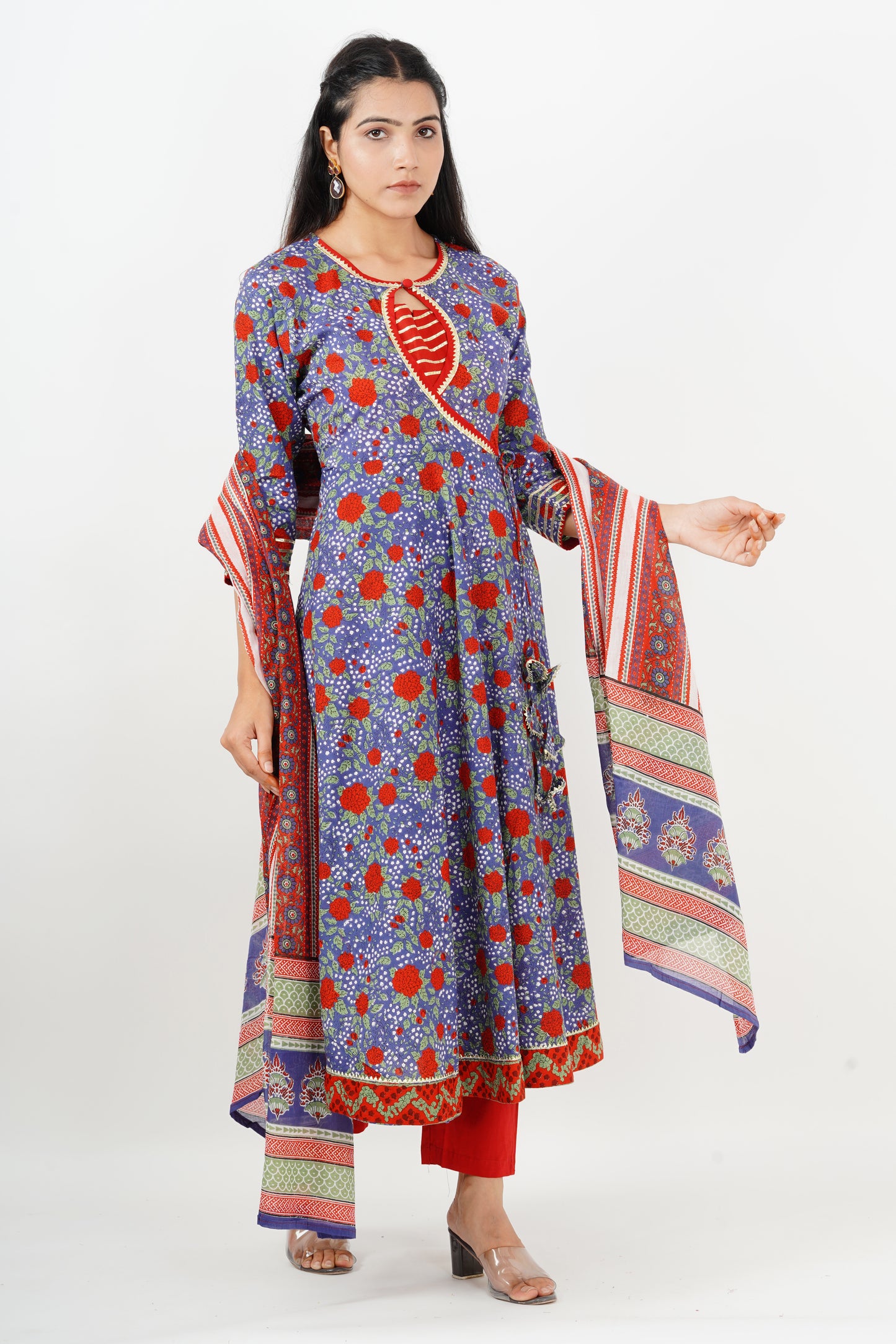 Blue and Red Anarkali Suit with Dupatta