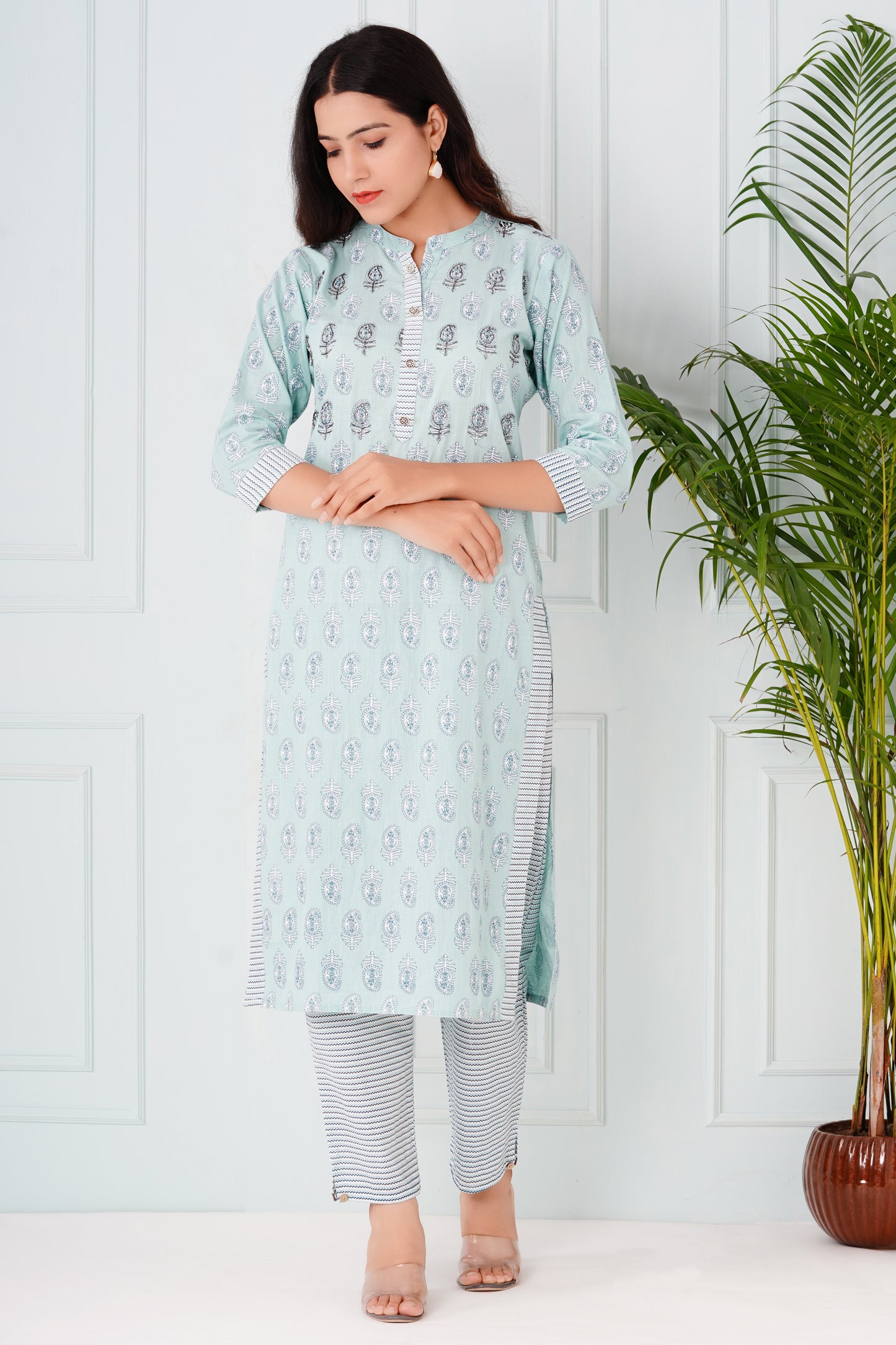 Sky Blue Handblock Suit set with Dupatta