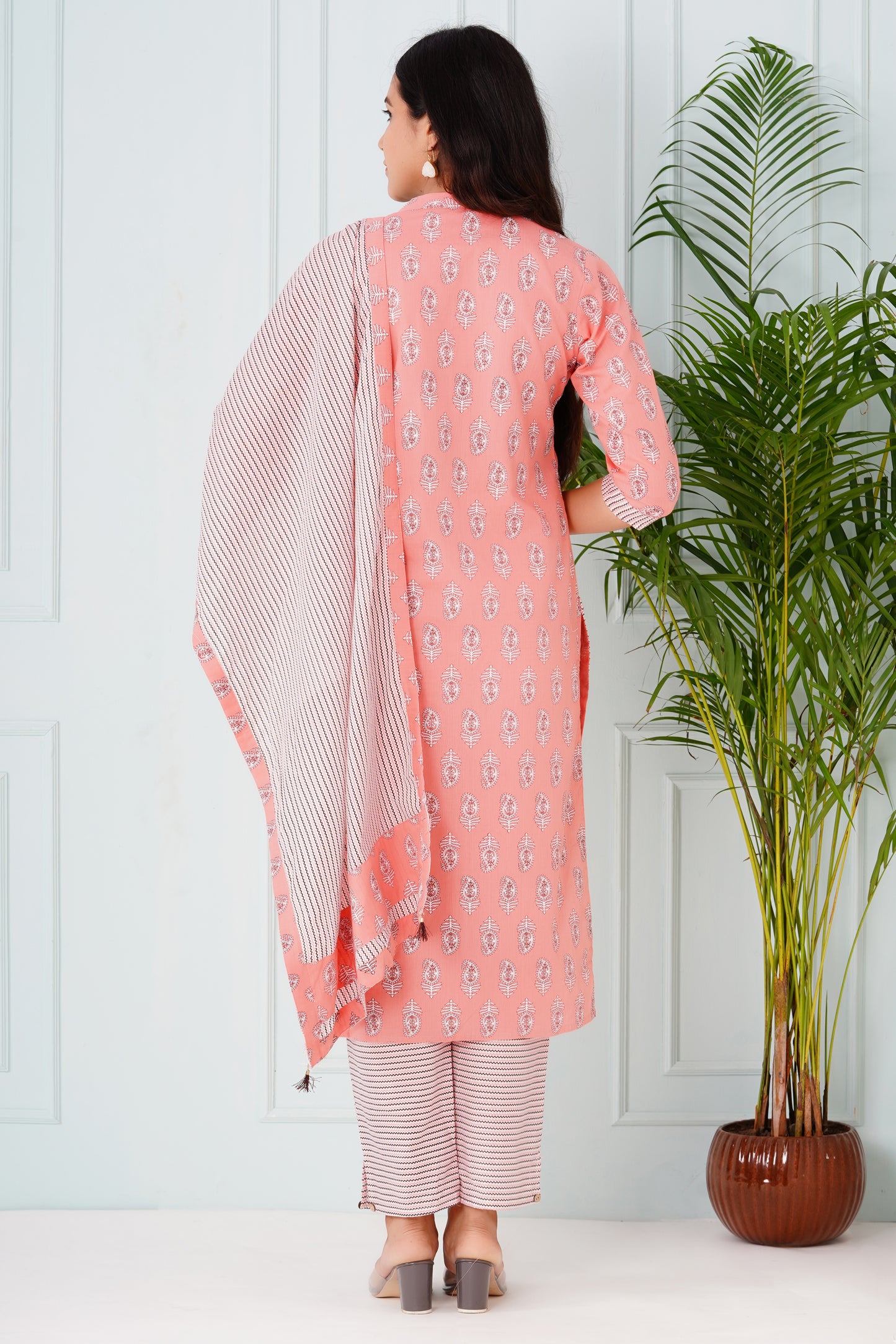 Pink Handblock Suit Set With Dupatta