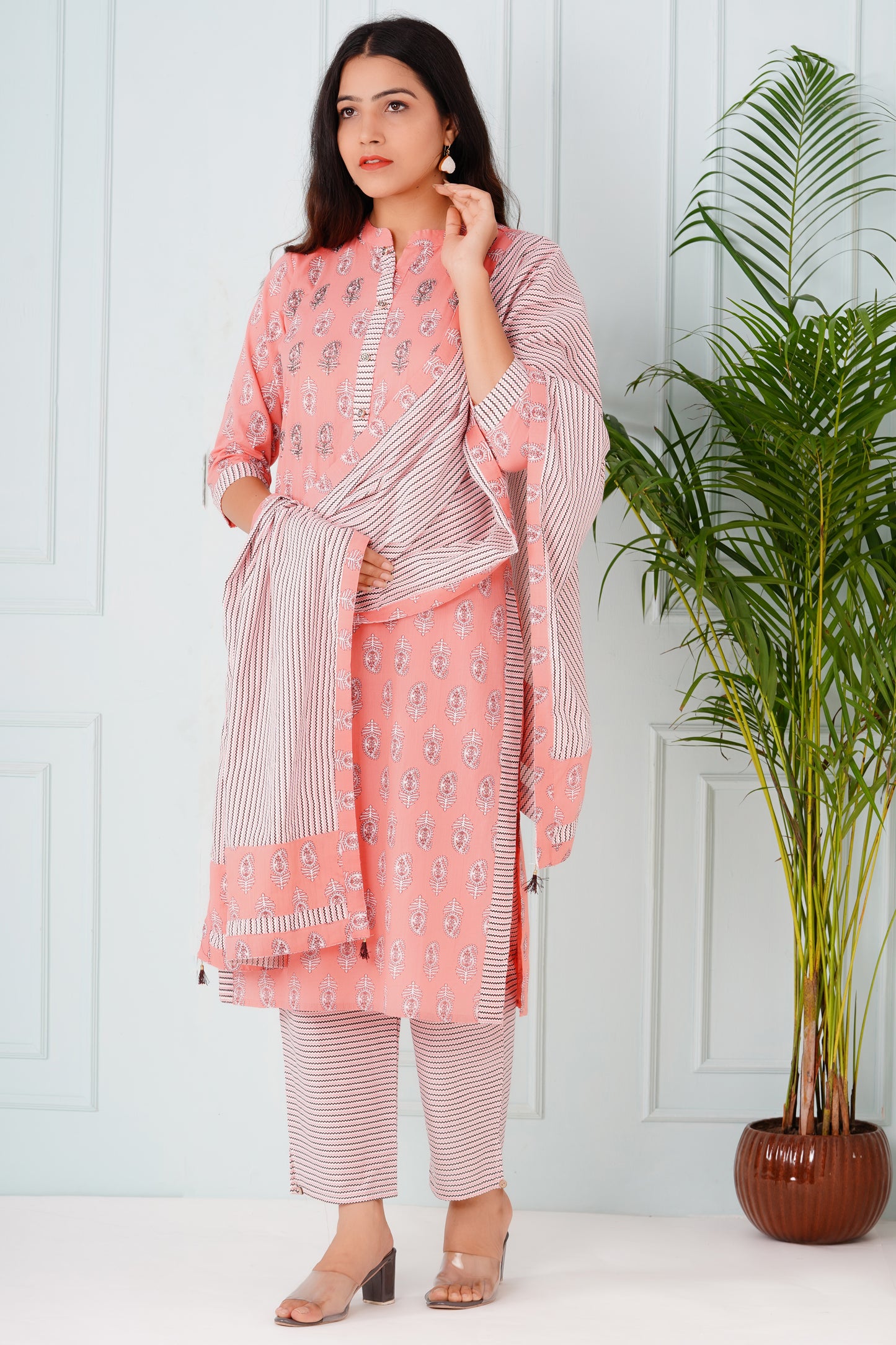 Pink Handblock Suit Set With Dupatta