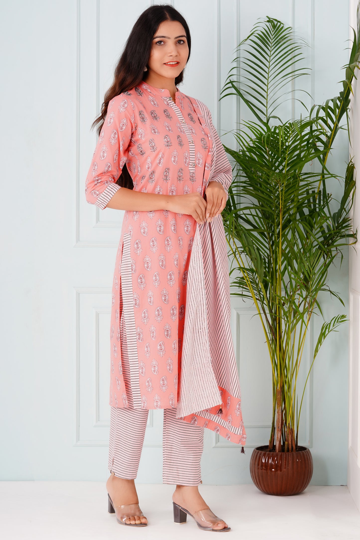 Pink Handblock Suit Set With Dupatta
