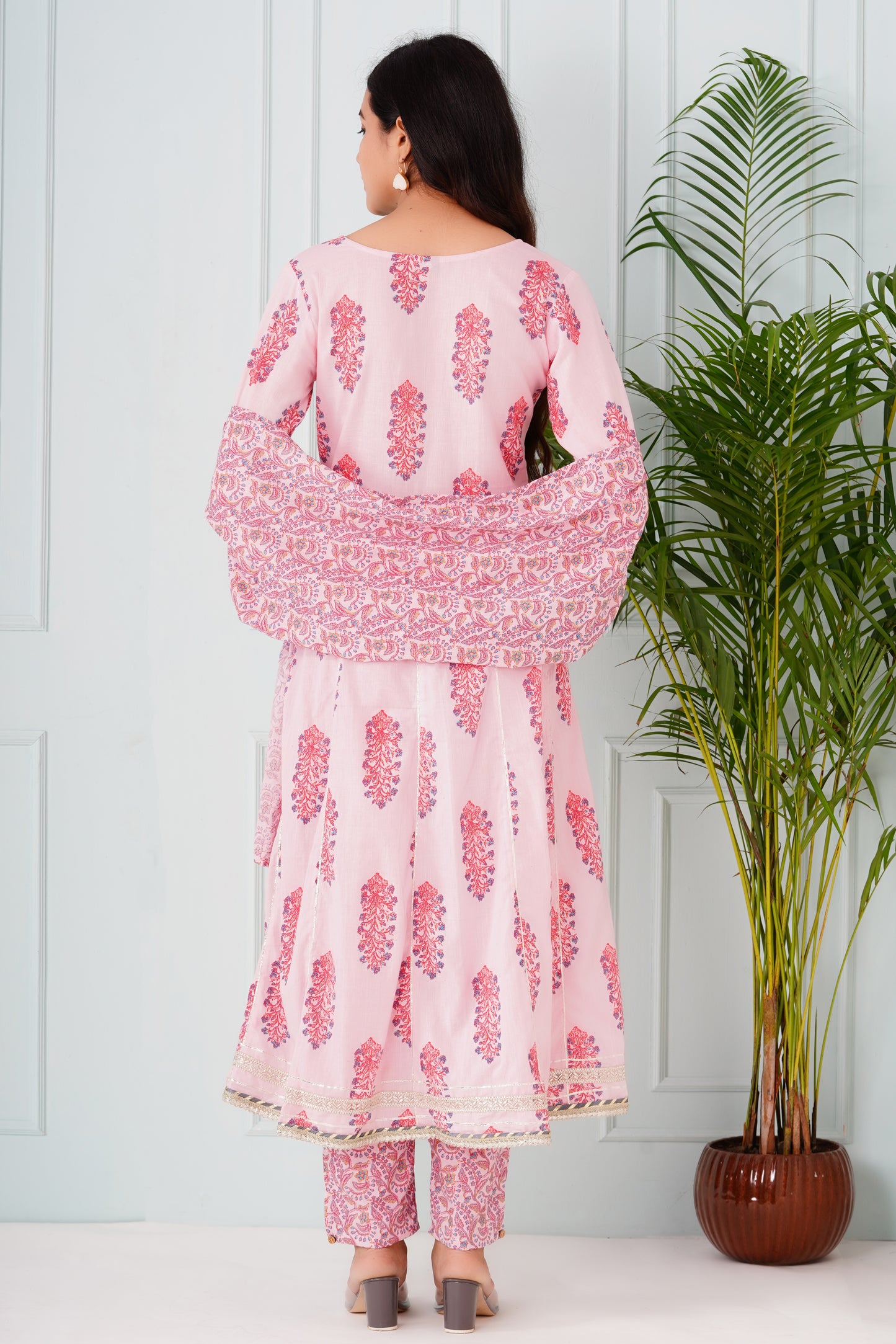 Light Pink Anarkali Handblock Suit set with Dupatta