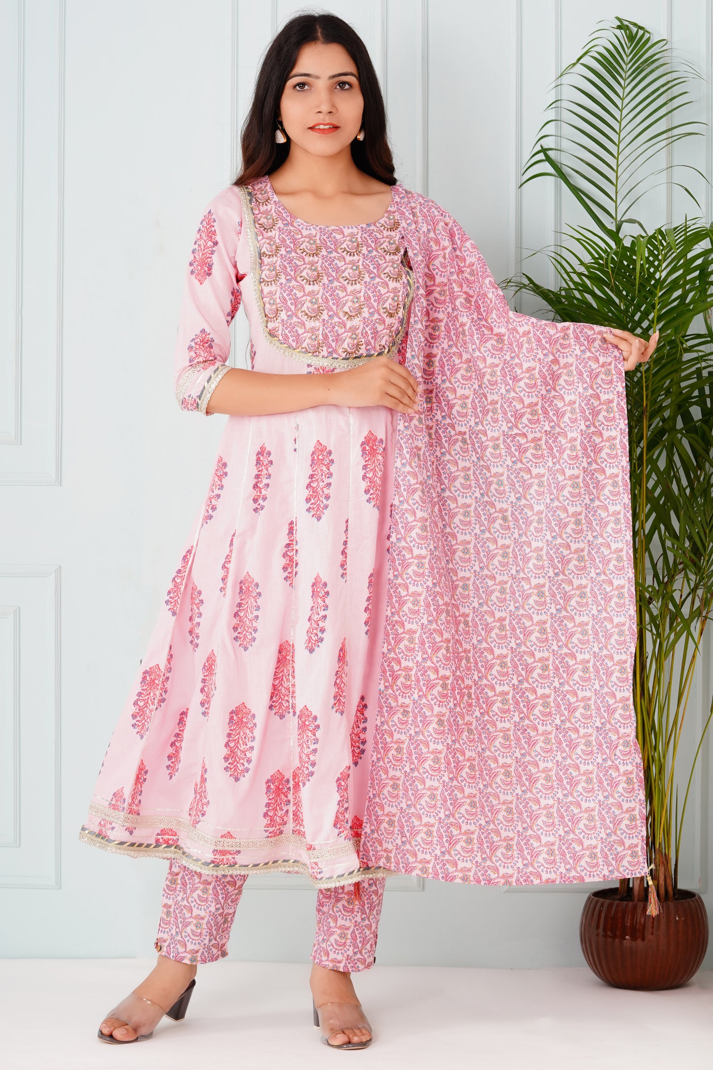 Light Pink Anarkali Handblock Suit set with Dupatta