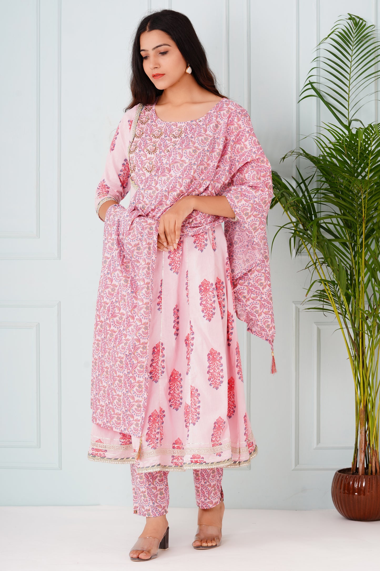 Light Pink Anarkali Handblock Suit set with Dupatta