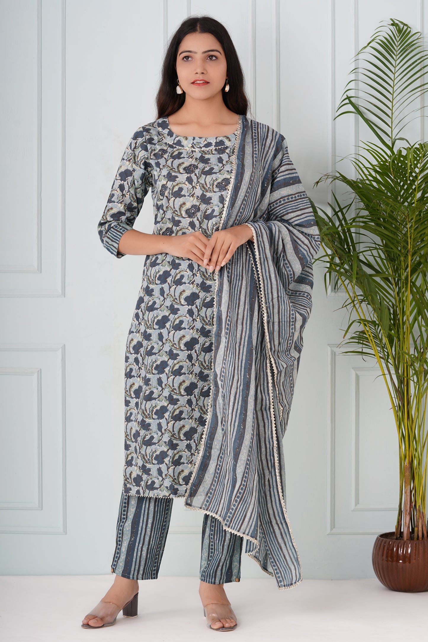 Blue Floral Neck Work Suit set With Dupatta