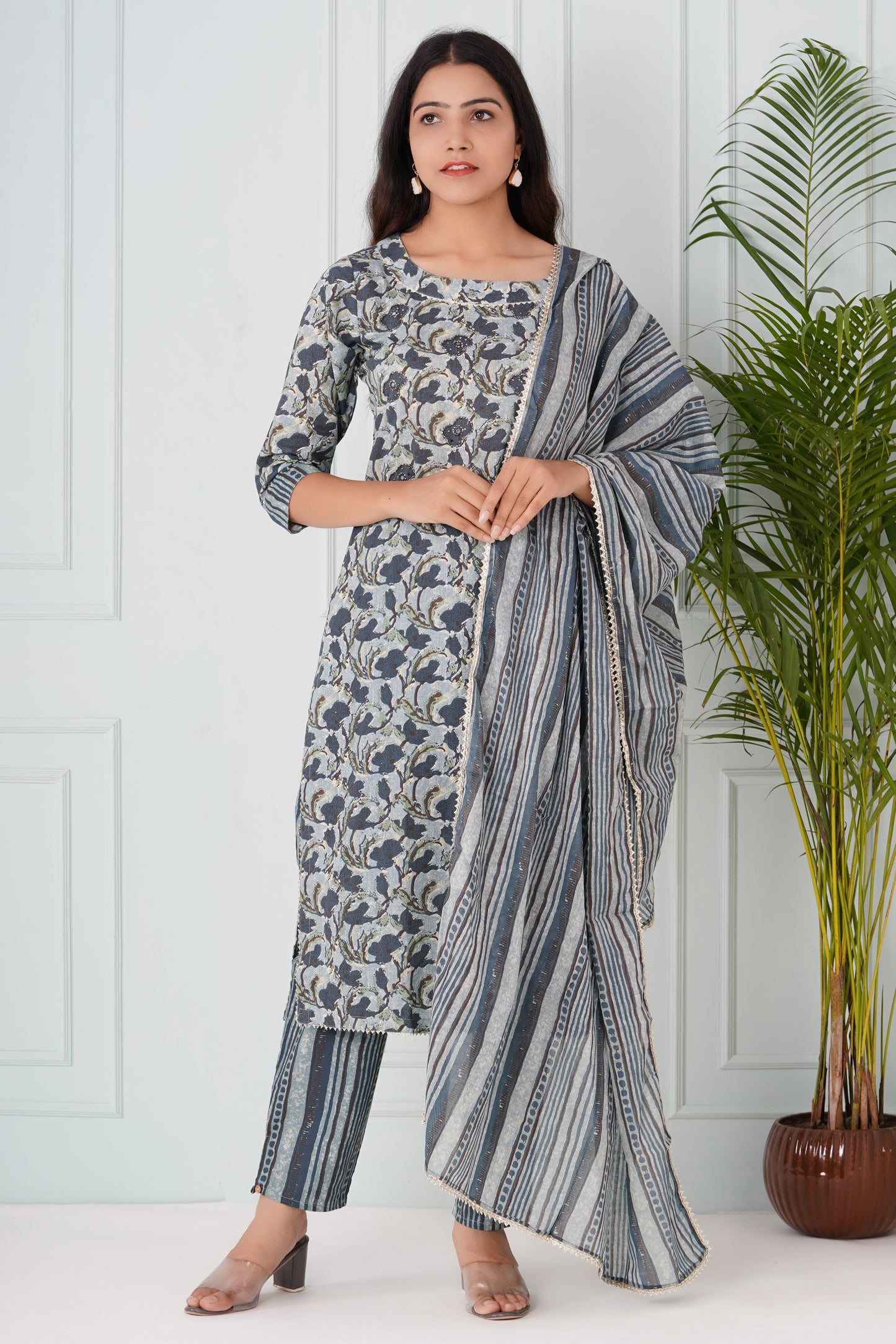 Blue Floral Neck Work Suit set With Dupatta