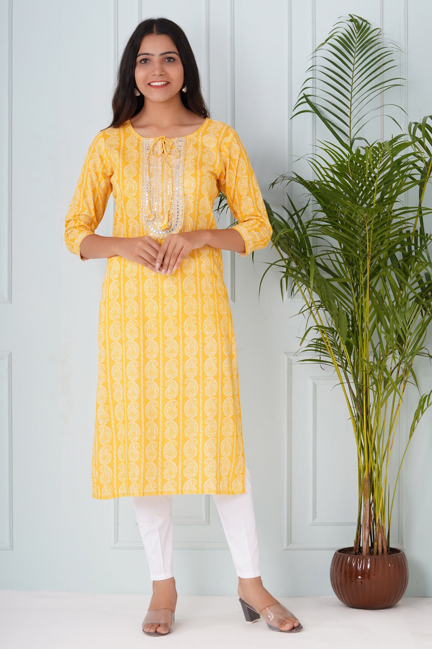 Yellow Kurti With Neck work