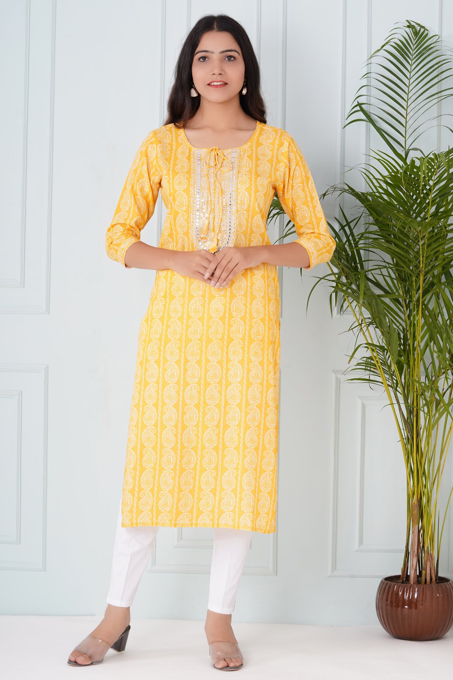 Yellow Kurti With Neck work