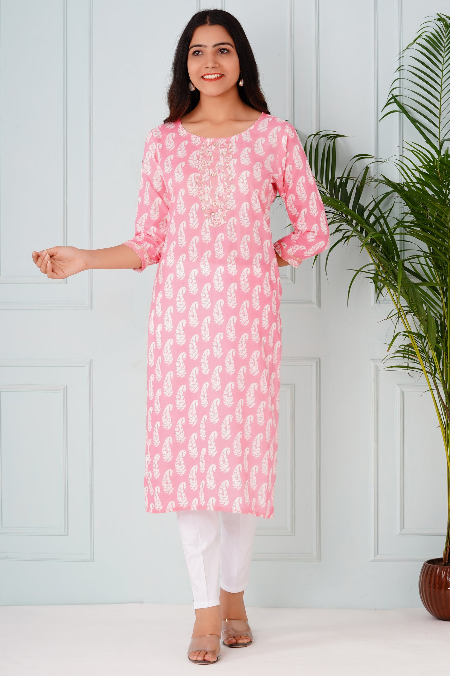 Pink Kurti With Neck work
