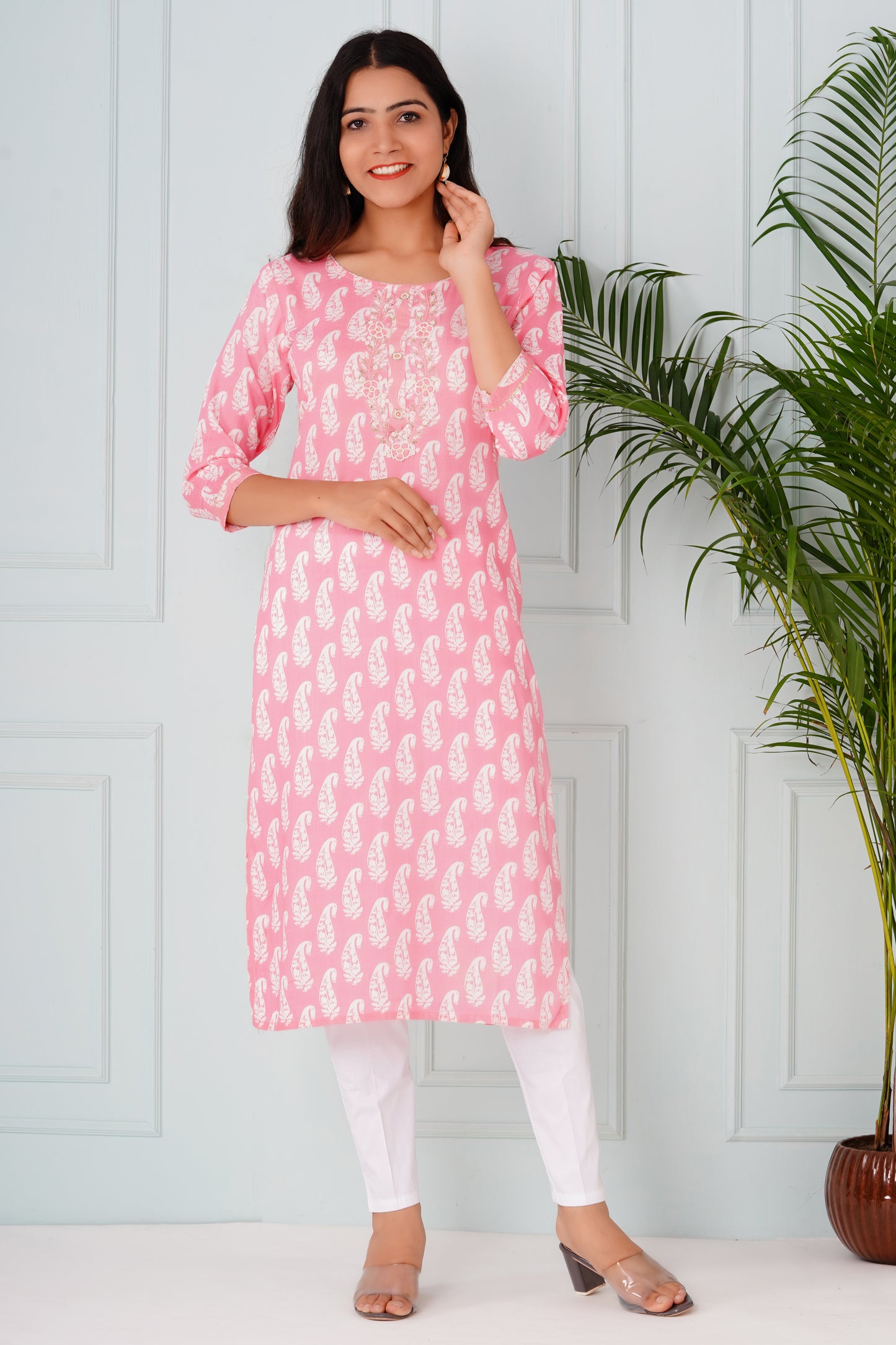 Pink Kurti With Neck work