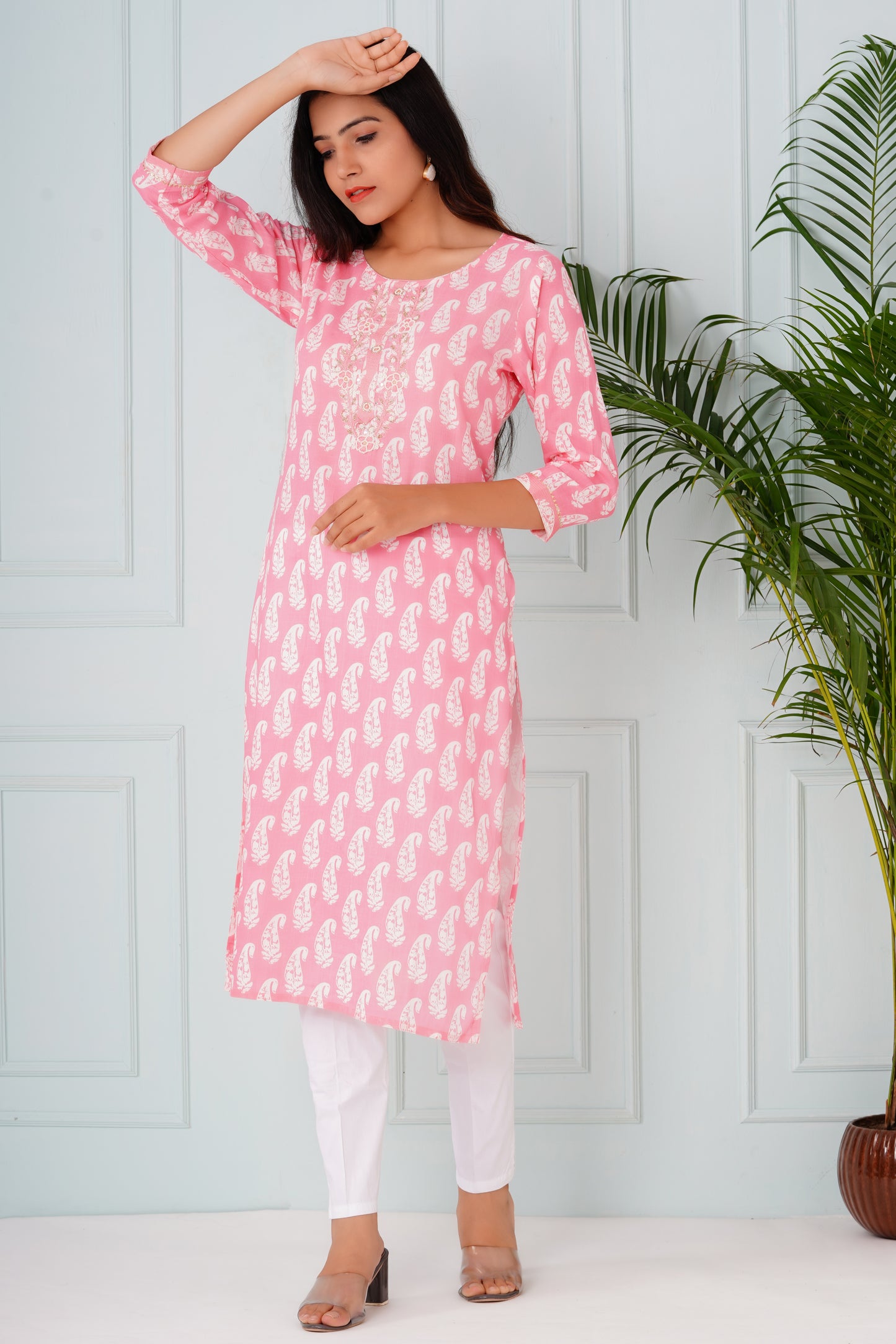 Pink Kurti With Neck work