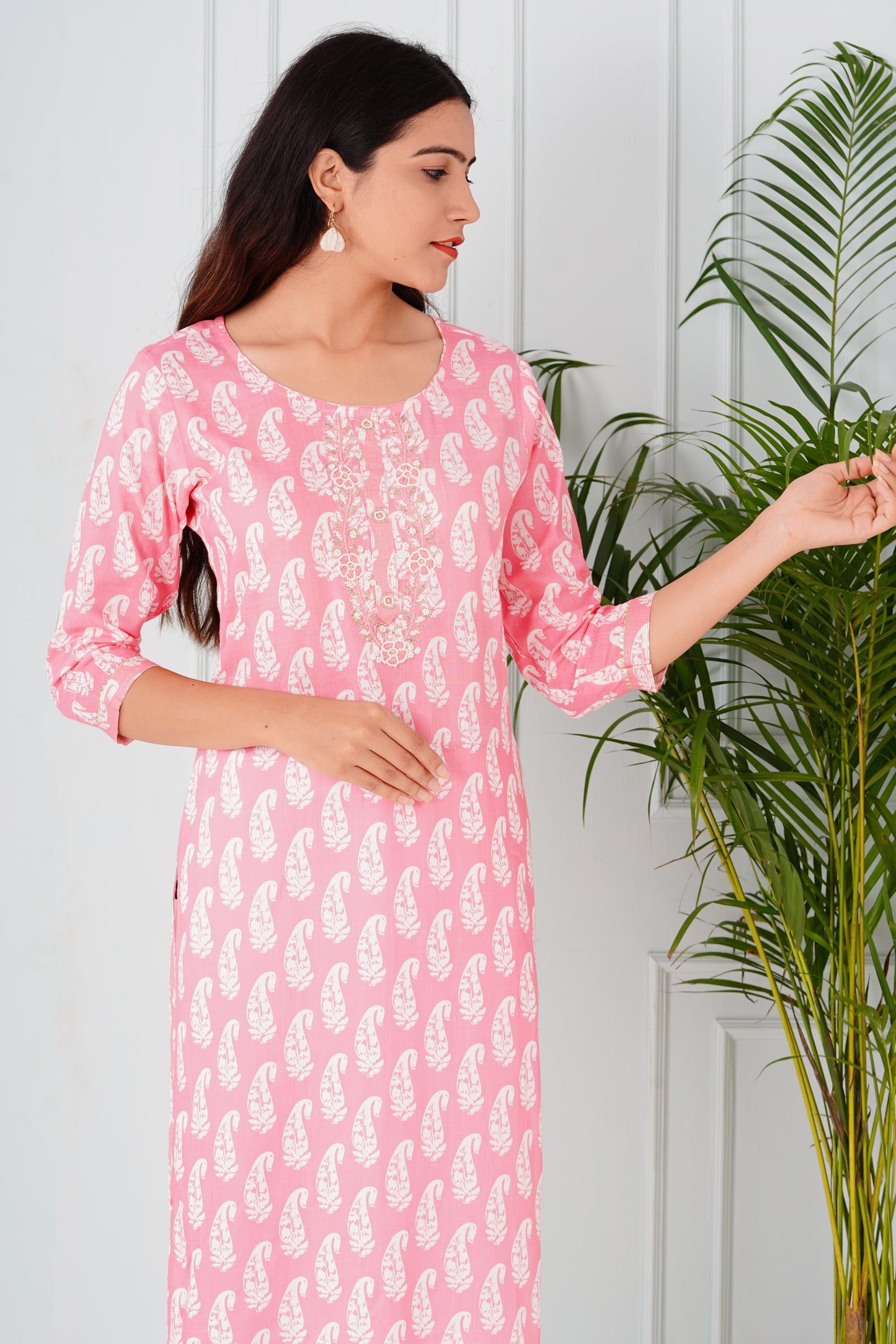 Pink Kurti With Neck work