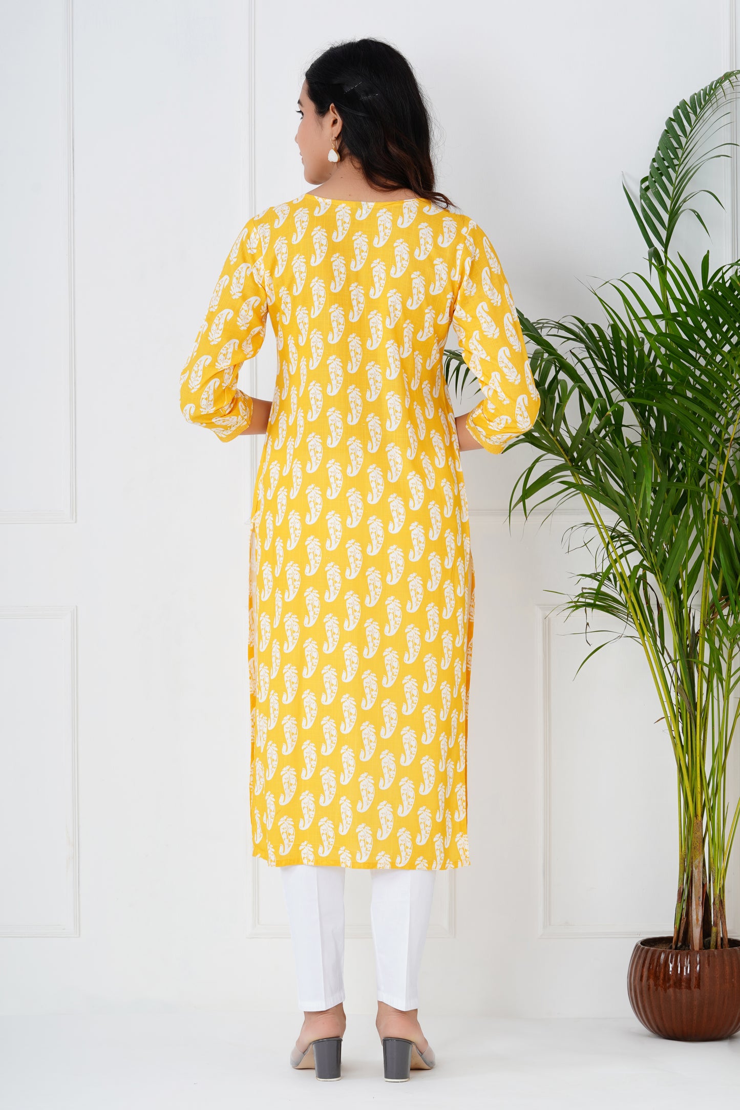Yellow Floral Kurti With Neck Work