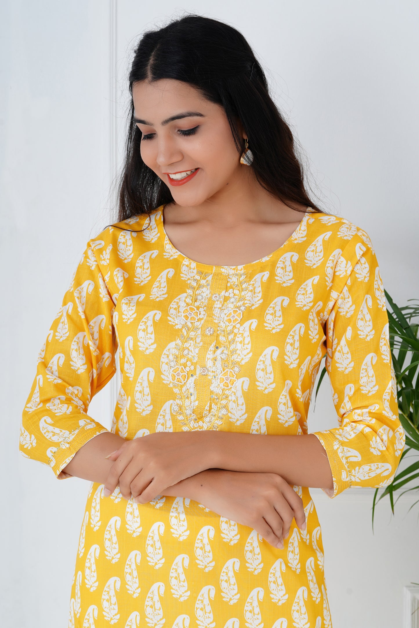 Yellow Floral Kurti With Neck Work