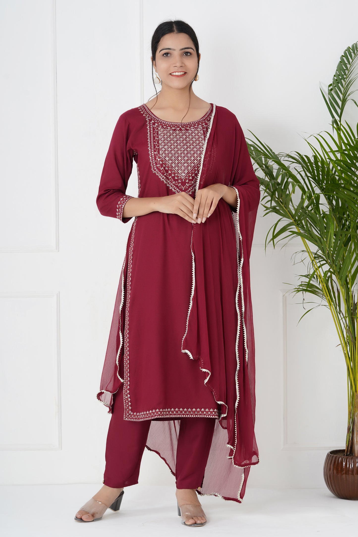 Maroon Mirror Work Suit Set With Dupatta