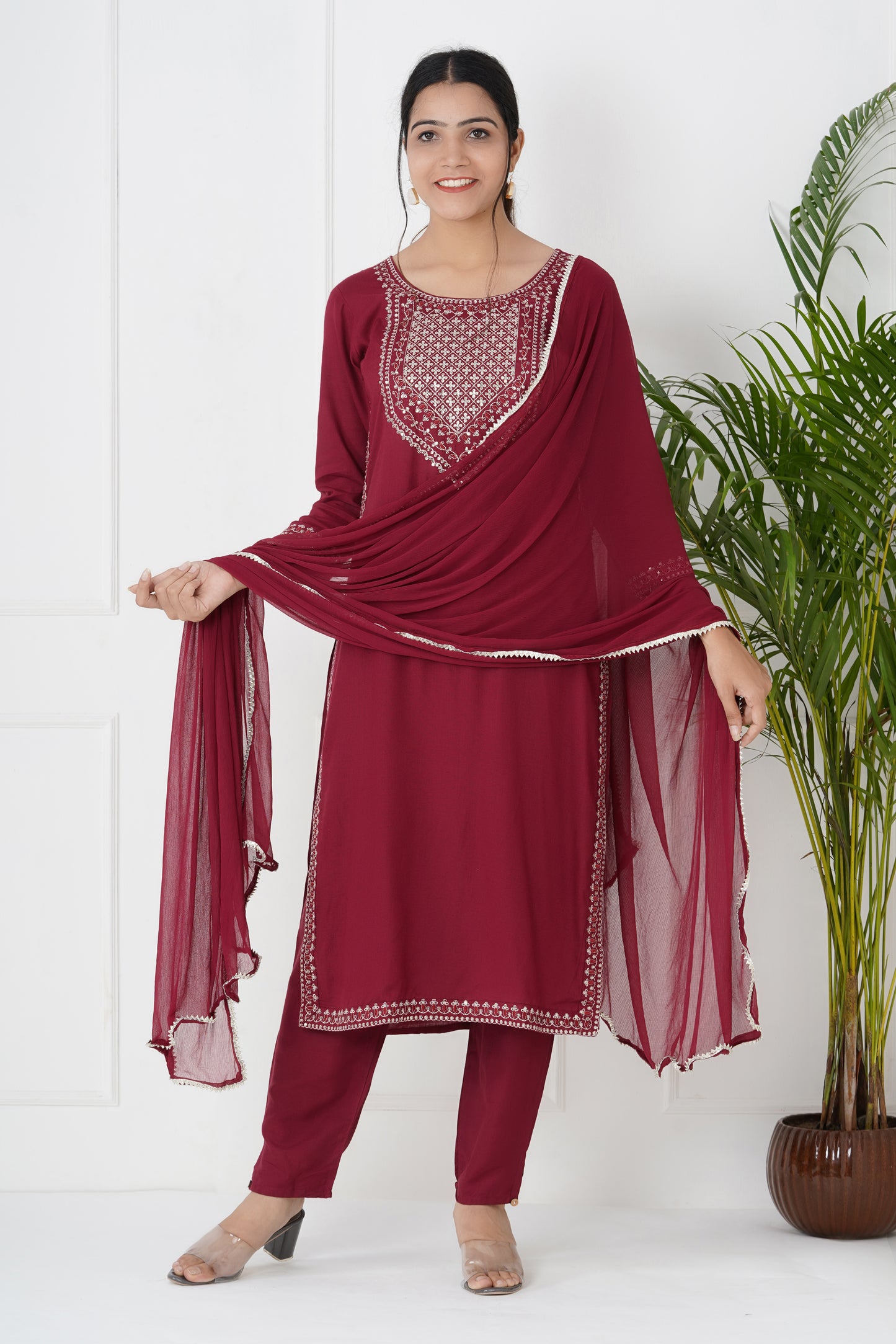 Maroon Mirror Work Suit Set With Dupatta