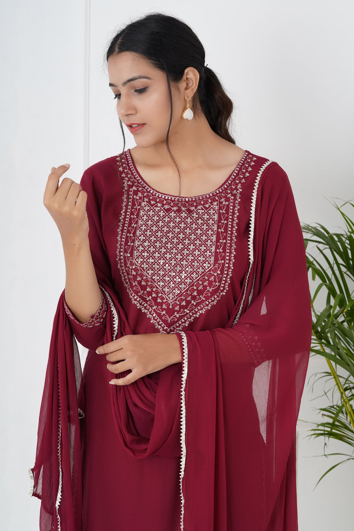 Maroon Mirror Work Suit Set With Dupatta