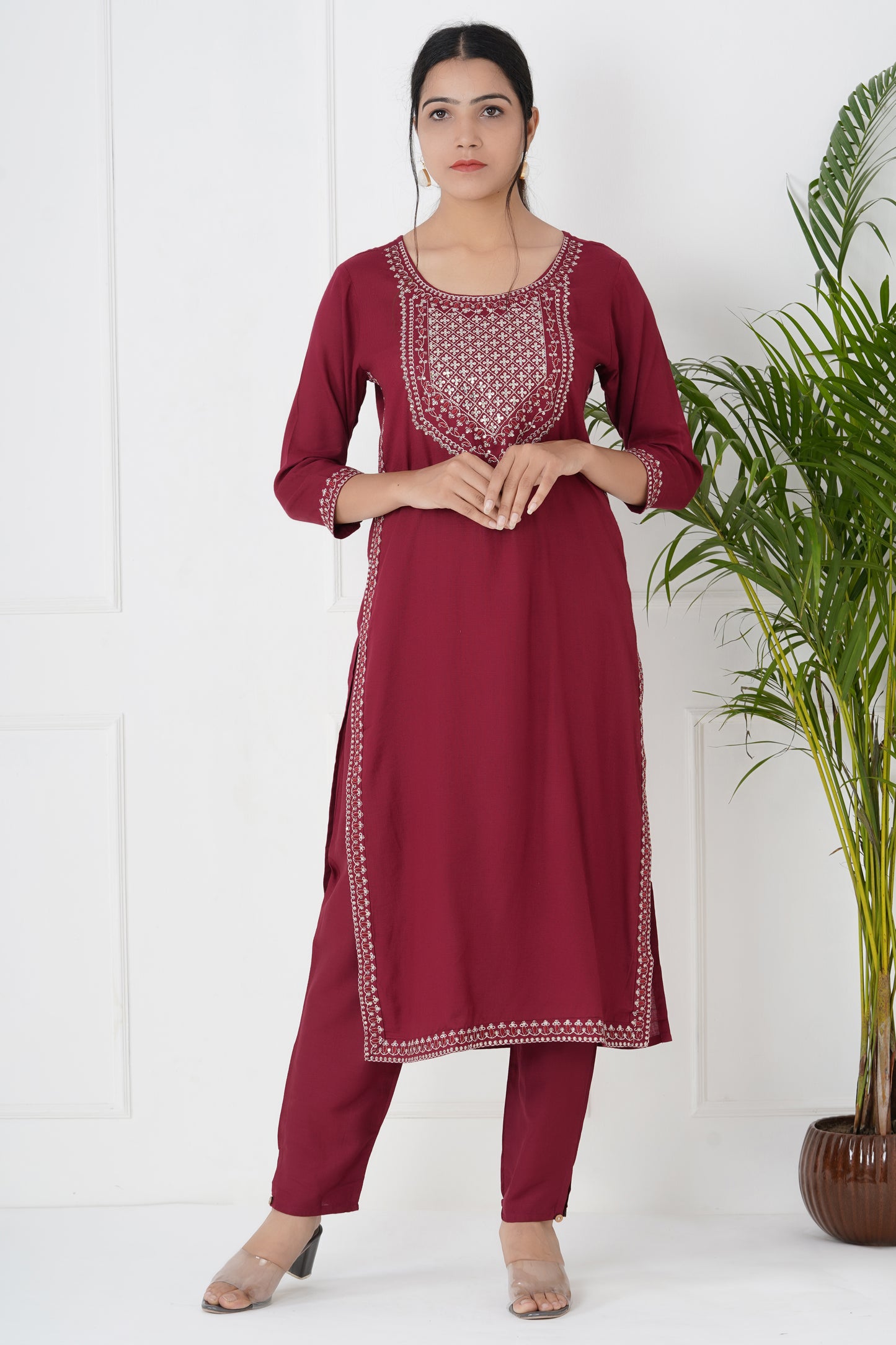 Maroon Mirror Work Suit Set With Dupatta