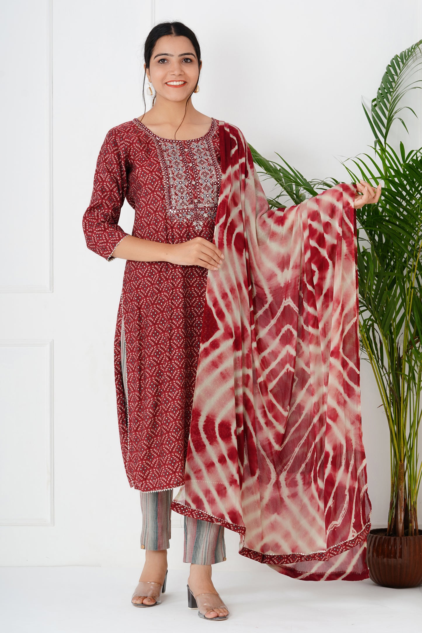 Maroon Suit Set with Neck Work and Dupatta
