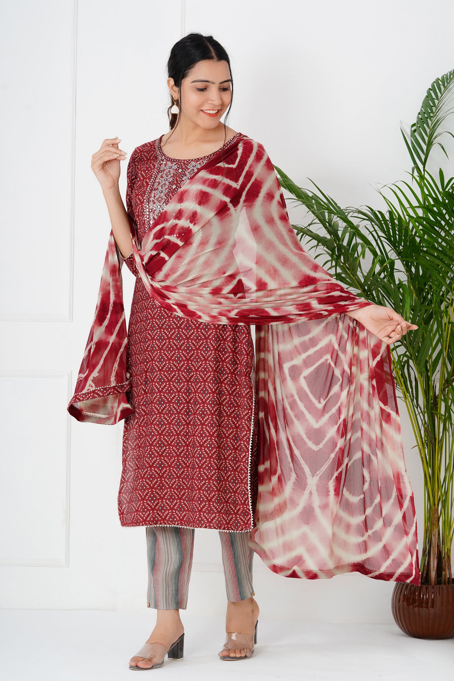 Maroon Suit Set with Neck Work and Dupatta