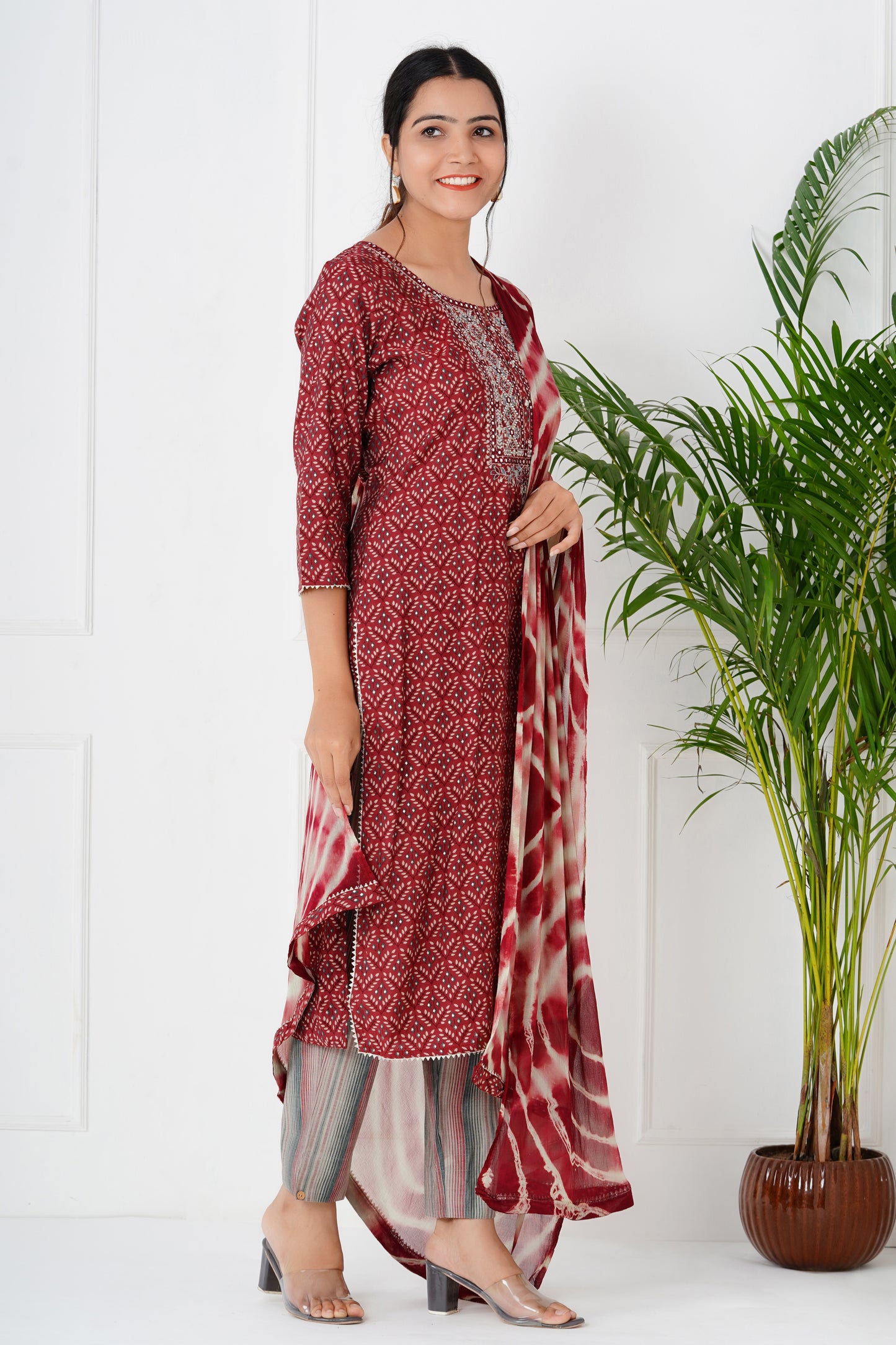 Maroon Suit Set with Neck Work and Dupatta