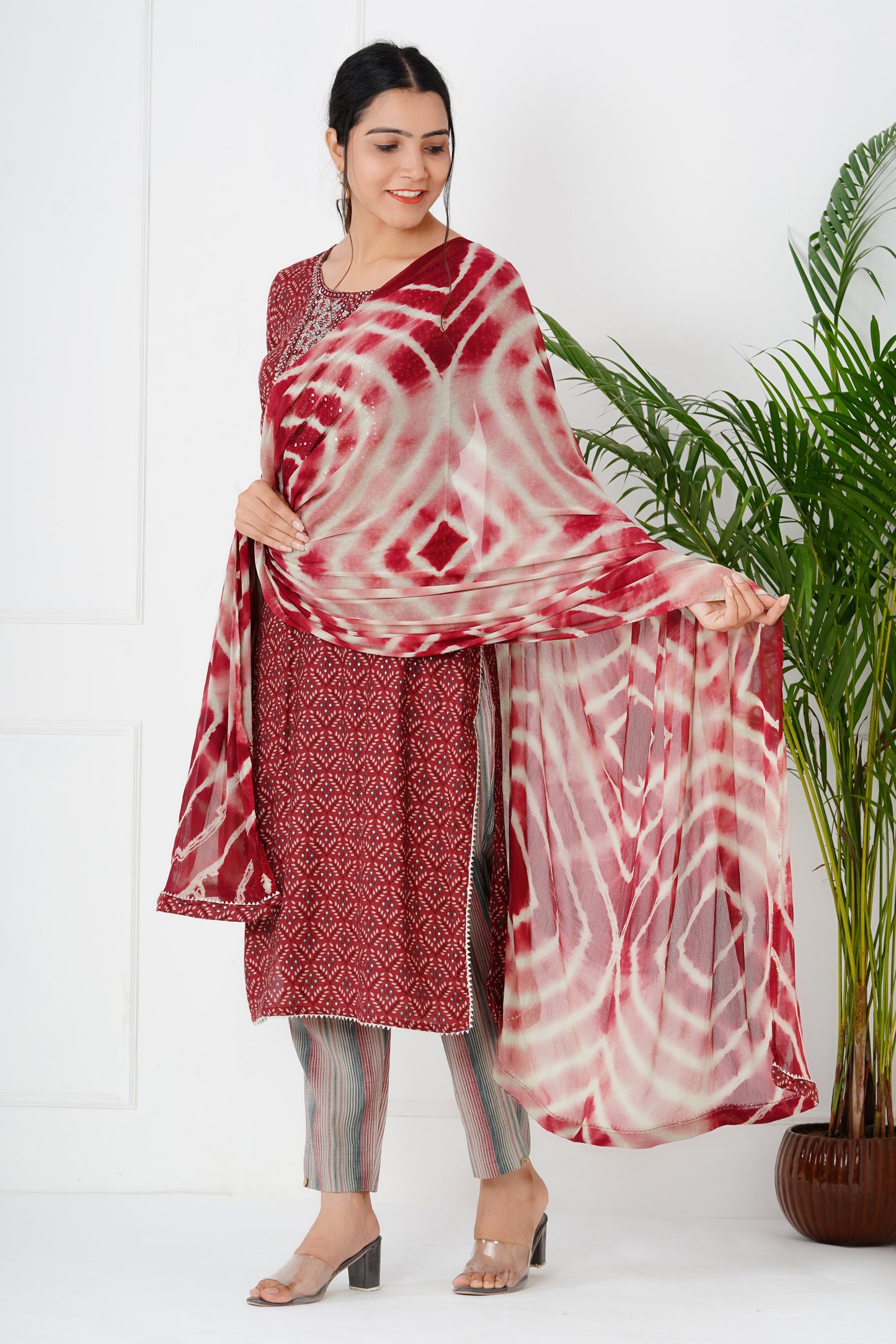 Maroon Suit Set with Neck Work and Dupatta