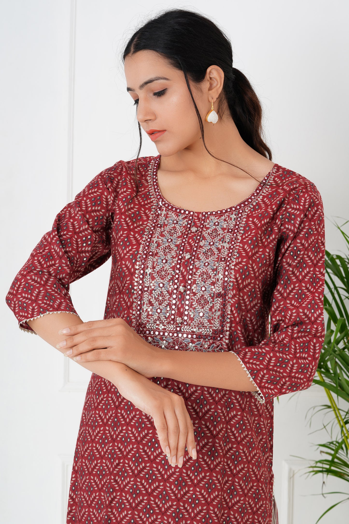 Maroon Suit Set with Neck Work and Dupatta