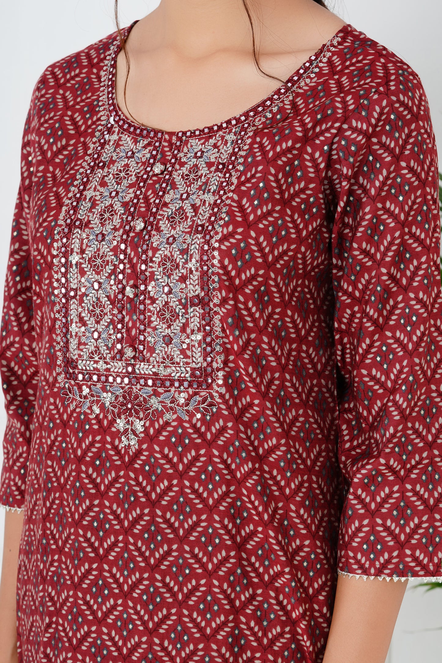 Maroon Suit Set with Neck Work and Dupatta