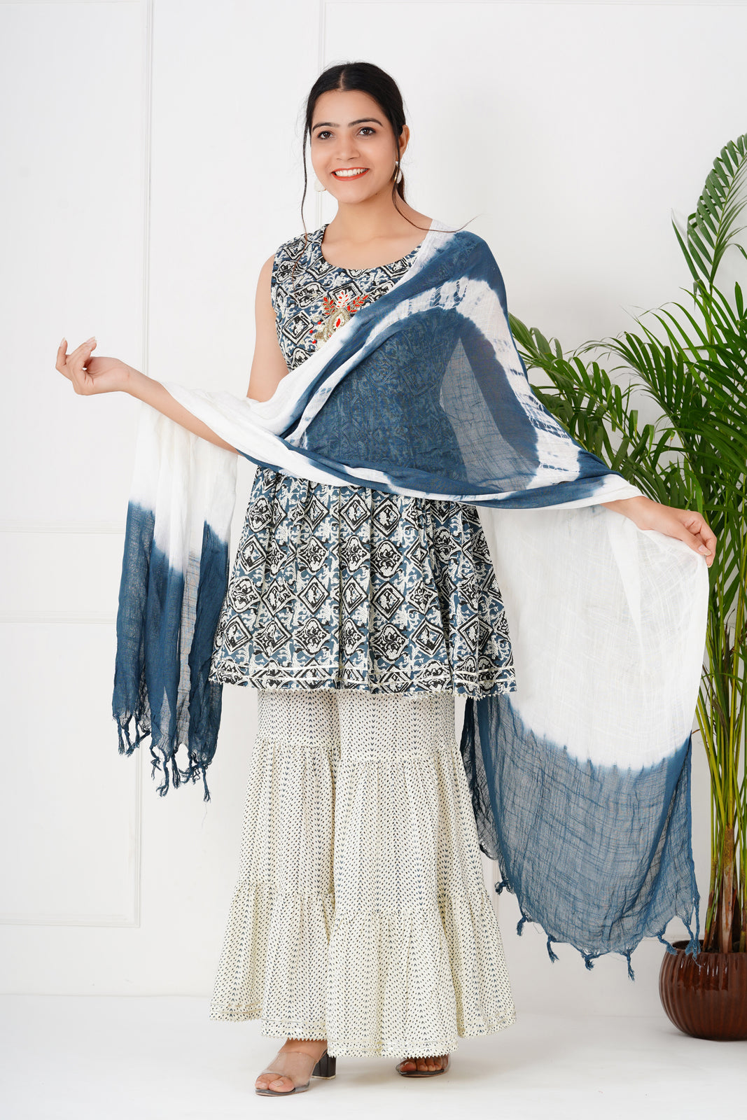 Blue And White Sharara Set with Dupatta