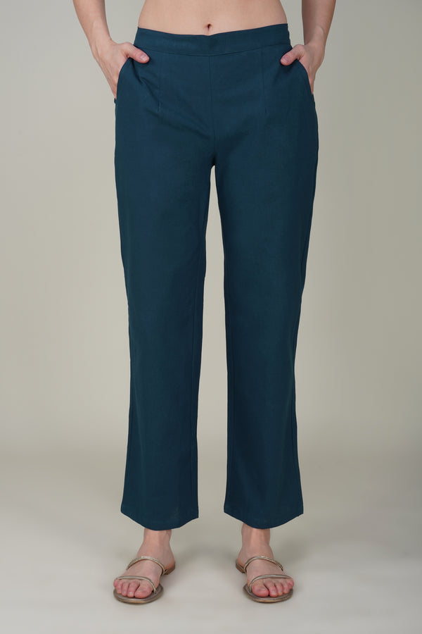 Peacock Blue Wide Leg Cotton Pant